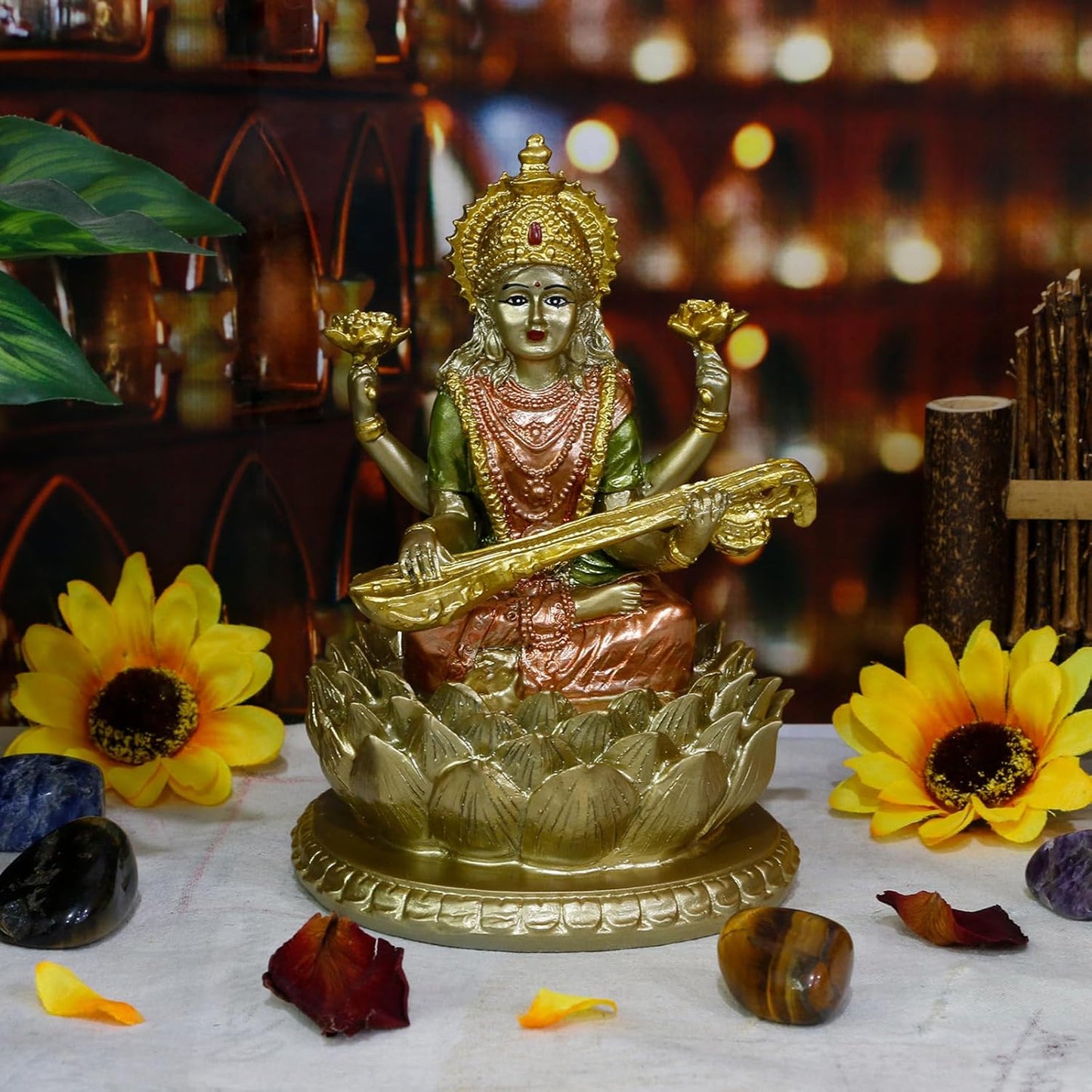 alikiki 6.5" H Sarswati Sitting on Lotus Figurines in Antique Gold Hindu God Staute for Home Office Mandir Altar Pooja Item Indian Saraswati Idol Statue for Diwali Puja Gifts