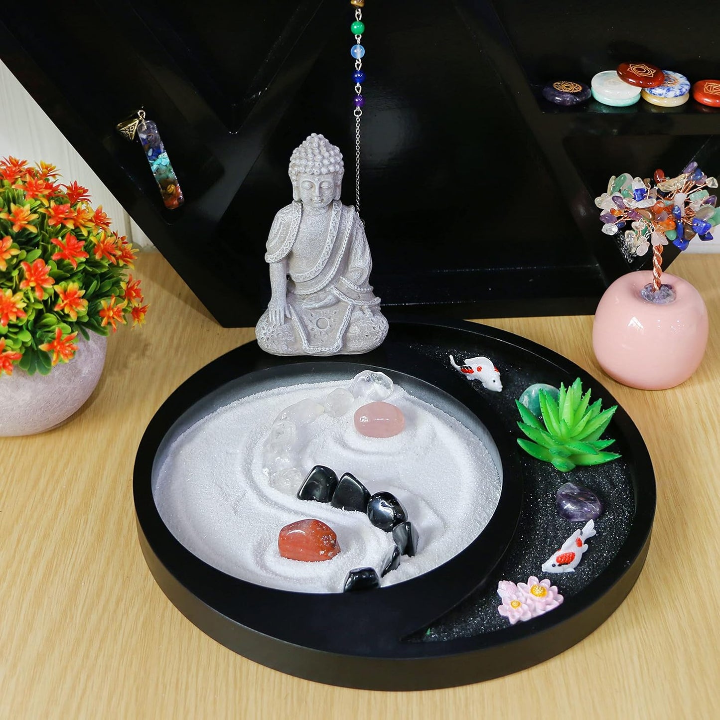 Meditation Buddha Zen Garden - Sun Moon Zen Garden Kit for Desk - Yin Yang Chakra Rock Sand Garden Shine Altar Zen Decor Gifts for Adult w/Rake Accessories Healing Crystal Succulent