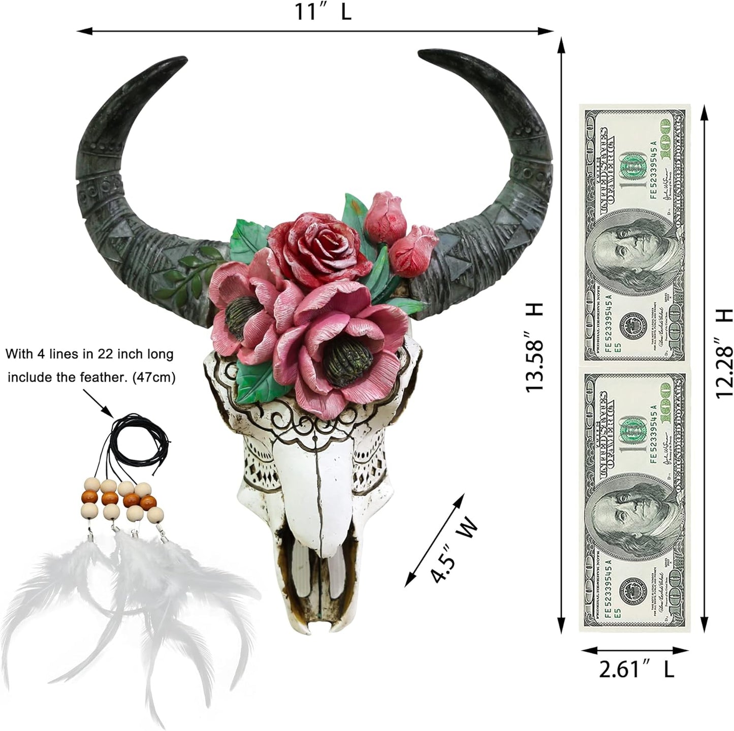 Western Bull Skull Wall Decor - 13.6" Tall Floral Buffalo Skull Wall Southwestern Decor Resin Faux Flower Cow Horned Skull Head Decor Boho Decor Bison Animal Wall Sculpture for Bedroom Living Room