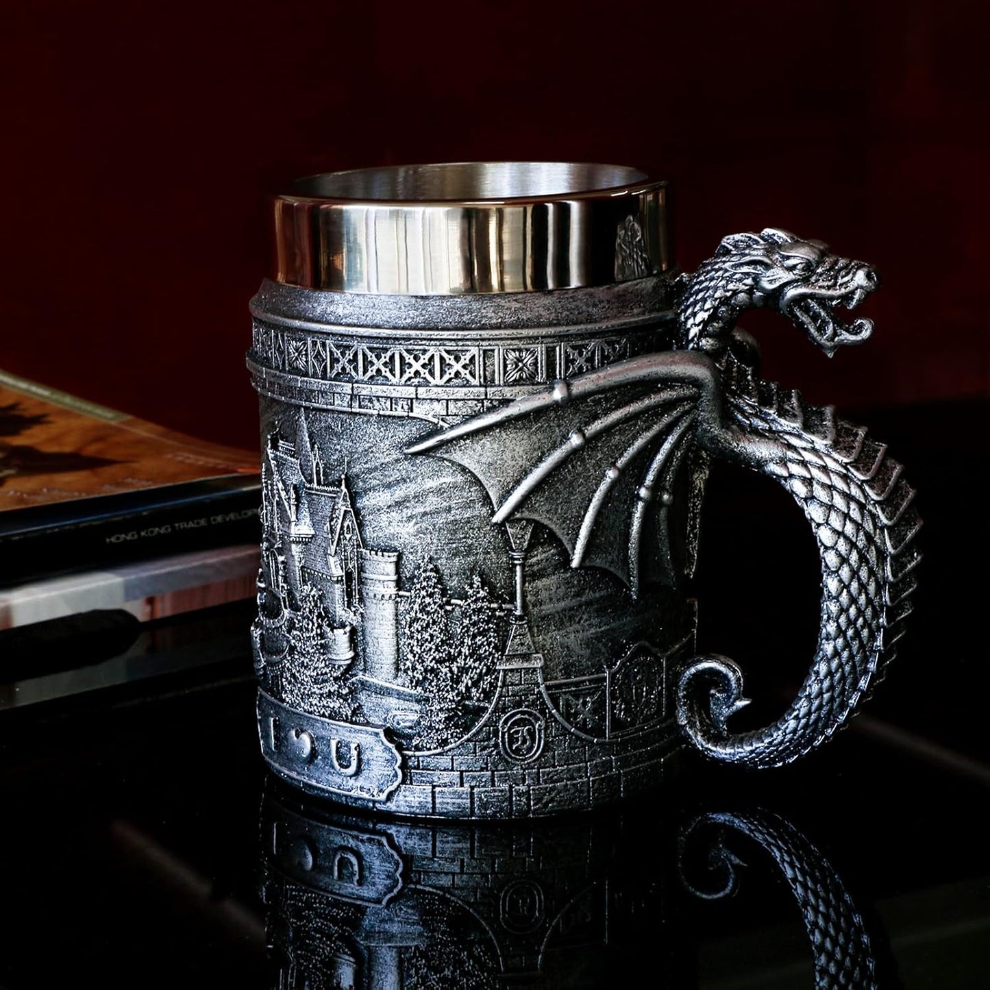 alikiki Medieval Castle Dragon Coffee Mug - Dungeons and Dragons Gifts for Men 21oz Stainless GOT Dragon Game Cup of Thrones Beer Mugs Steins Tankard Dragon Themed Party Decoration