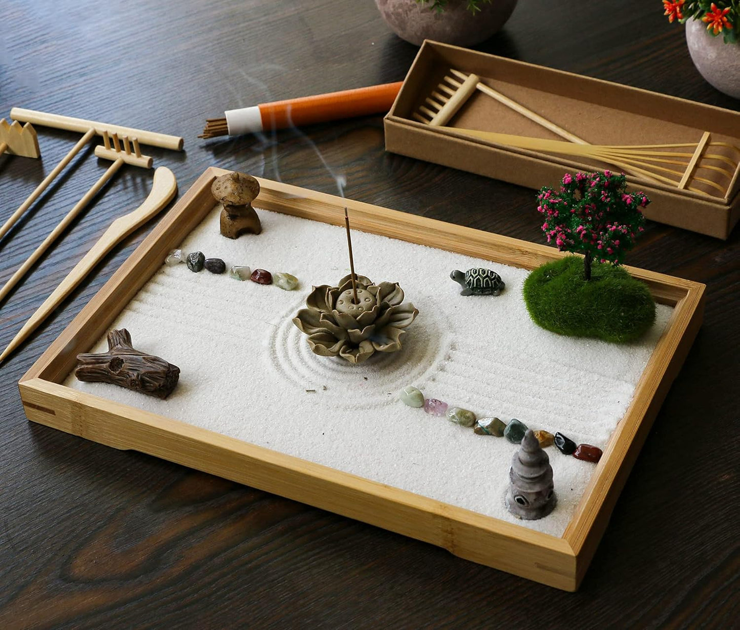 Miniature Japanese Zen Garden Kit - Mini Chakra Crystal Quartz Rock Sand Garden Sandbox Desktop Meditation Altar Zen Decor Zen Gift Set Home Office Desktop Rake Tools Bonsai Spiritual Items