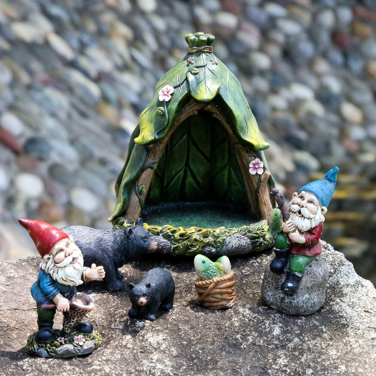 BangBangDa Outdoor Miniature Gnome Garden Kit- Fairy Houses Village Accessories Set Fishing Gnome Figurines Statue Patio Cake Topper Decor for Boy Girl Mother Girlfriend Birthday Gifts