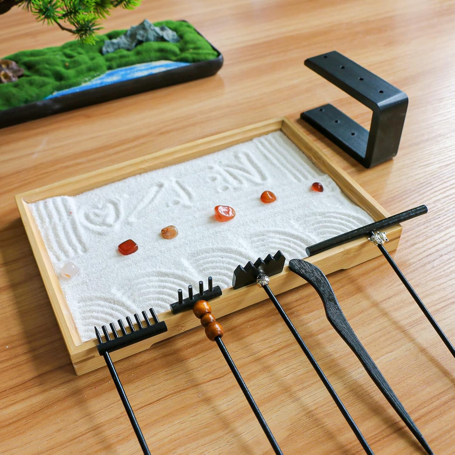 Desktop Mini Black Zen Garden Rake Japanese Zen Gifts Zen Decor Bamboo Table Top Rock Sand Garden Kit Tools Accessories Tabletop Meditation Sandbox Office Relaxation Adult Zen Gifts for Man Women