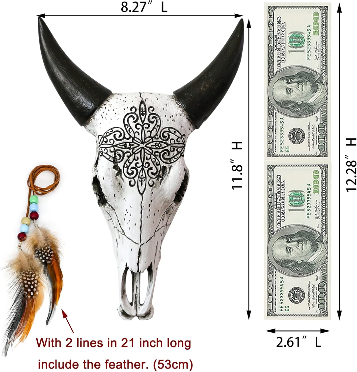 3D Bull Skull Wall Decor - Southwest Horned Cow Head Skull Wall Hanging w/ Feather Beads Resin Faux Steer Buffalo Animal Skull Wall Sculpture Wall Art Home Bedroom Living Room Boho Wall Ornament