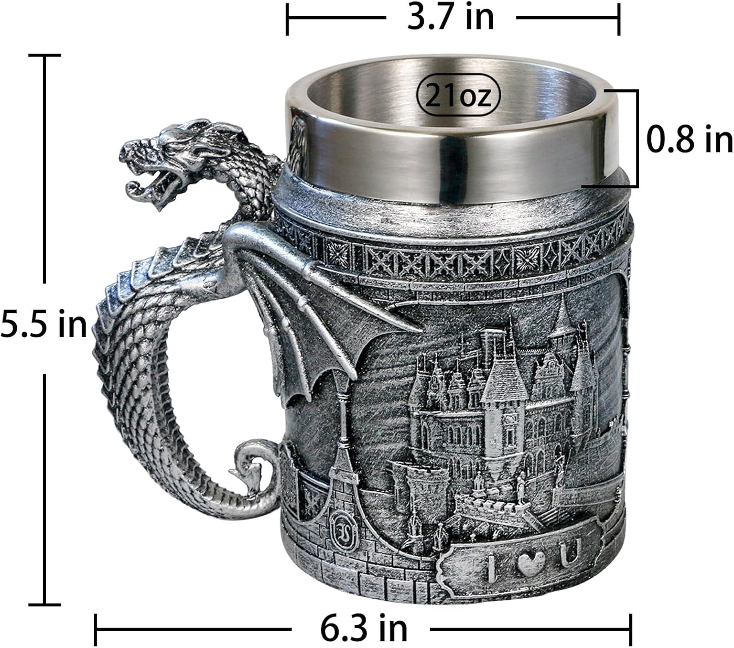 alikiki Medieval Castle Dragon Coffee Mug - Dungeons and Dragons Gifts for Men 21oz Stainless GOT Dragon Game Cup of Thrones Beer Mugs Steins Tankard Dragon Themed Party Decoration