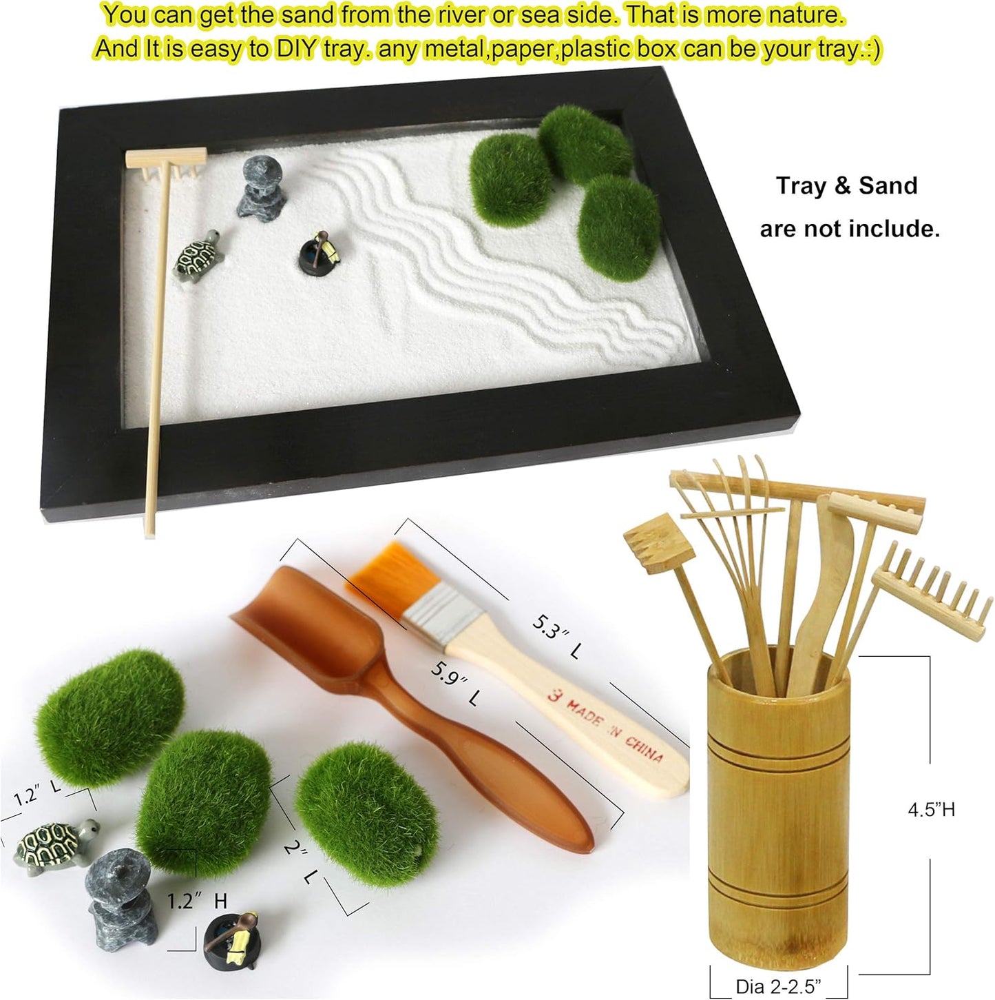 Mini Zen Garden Rake Tool - Tabletop Meditation Rock Sand Garden Kits with Moss Rakes Brusher Spoon Figurines Holder