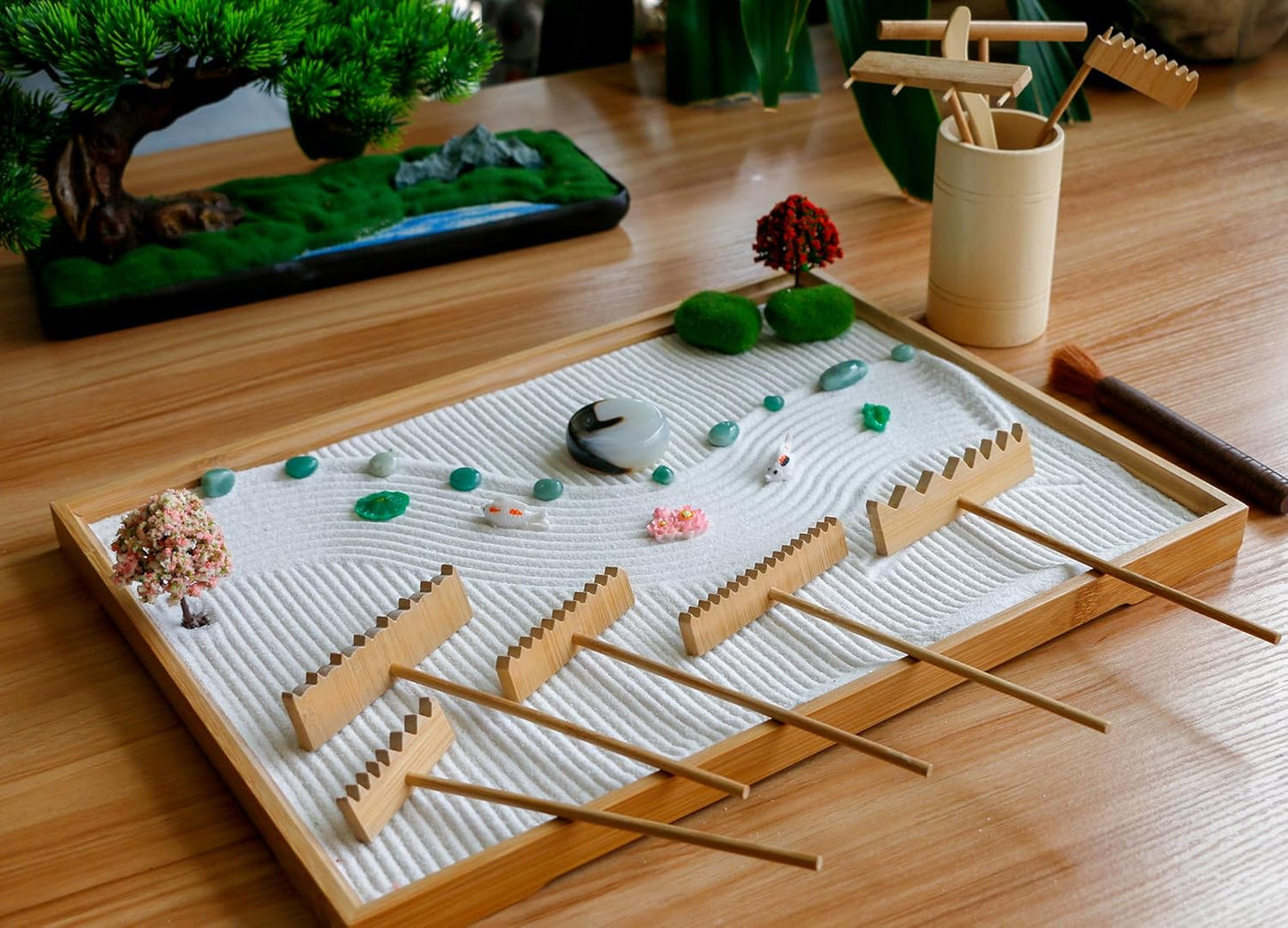 Zen Garden Tools Kit Accessories - Japanese Zen Garden Decor Zen Rake Set Mini Bamboo Rock Sand Garden Rakes Japan Zen Gift w/Healing Stone Bonsai Tree Home Office Yoga Meditation Room Zen Decor