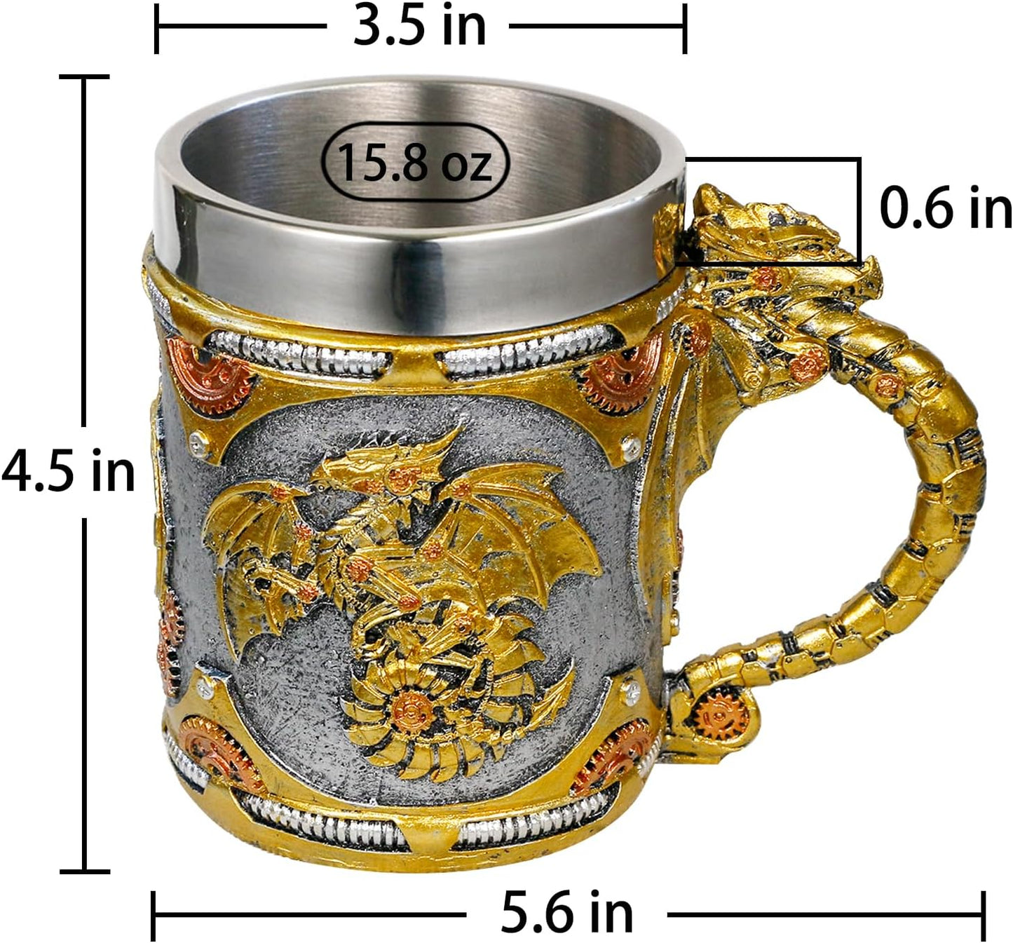 alikiki Medieval Steampunk Dragon Mug - 15.8oz Renaissance Mechanical Dragons Beer Stein Tankard Stainless Coffee Cup Father Day Gift Mug for Dragon Collector Lovers Themed Party Decoration