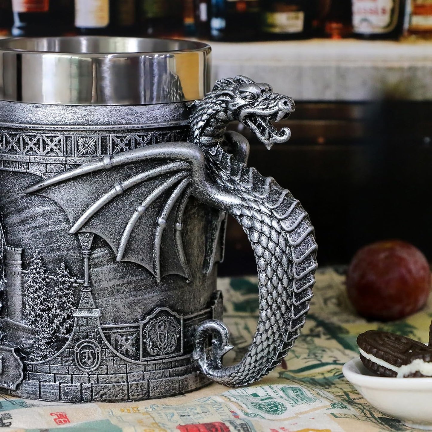 alikiki Medieval Castle Dragon Coffee Mug - Dungeons and Dragons Gifts for Men 21oz Stainless GOT Dragon Game Cup of Thrones Beer Mugs Steins Tankard Dragon Themed Party Decoration