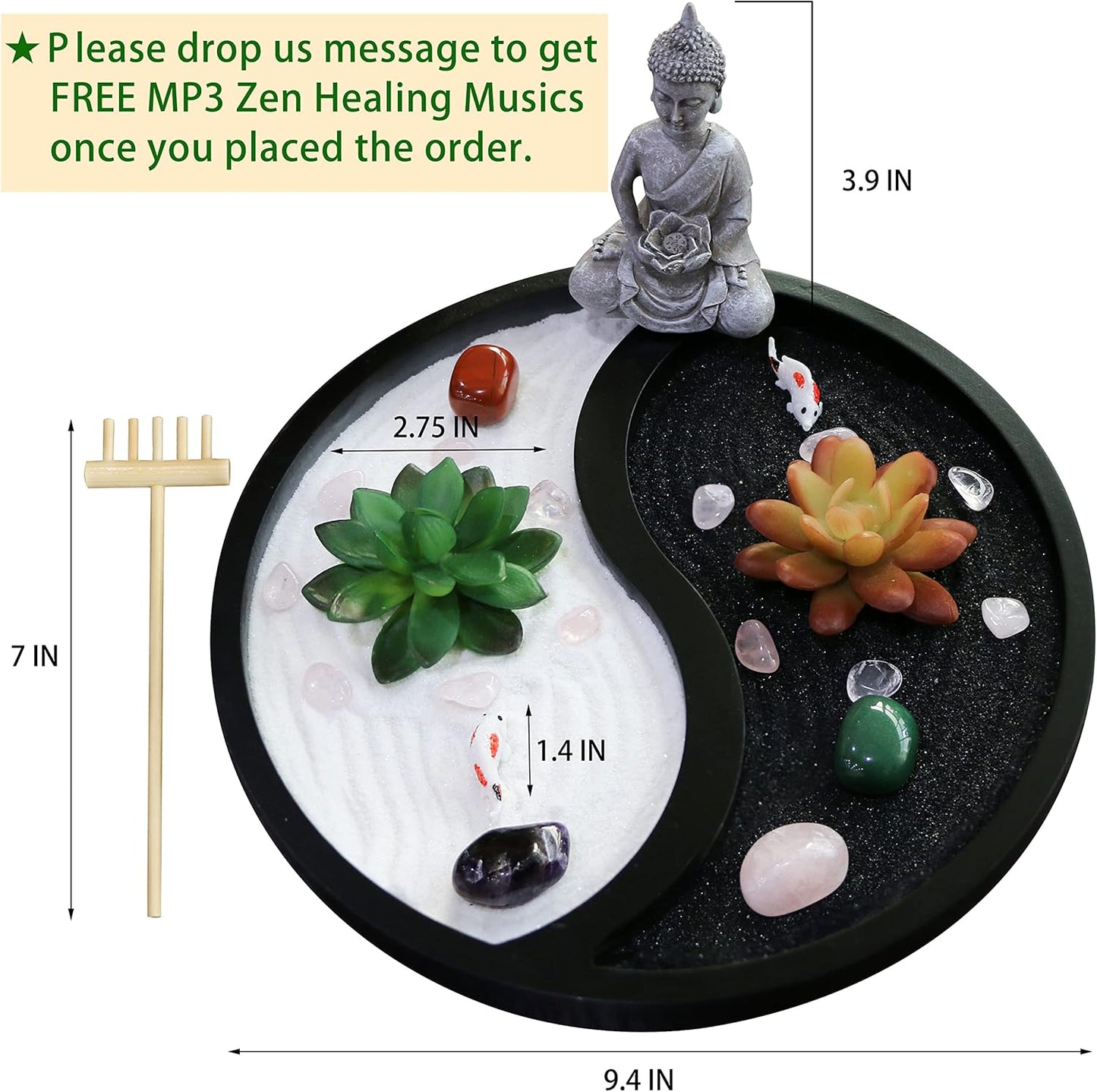 Buddha Meditation Zen Garden Kit - Home Office Tabletop Taiji Yin Yang Sand Garden Altar Zen Decor Zen Gifts DIY Mini Chakra Crystal Quartz Rock Garden w/Nature Healing Stone Rake Tool