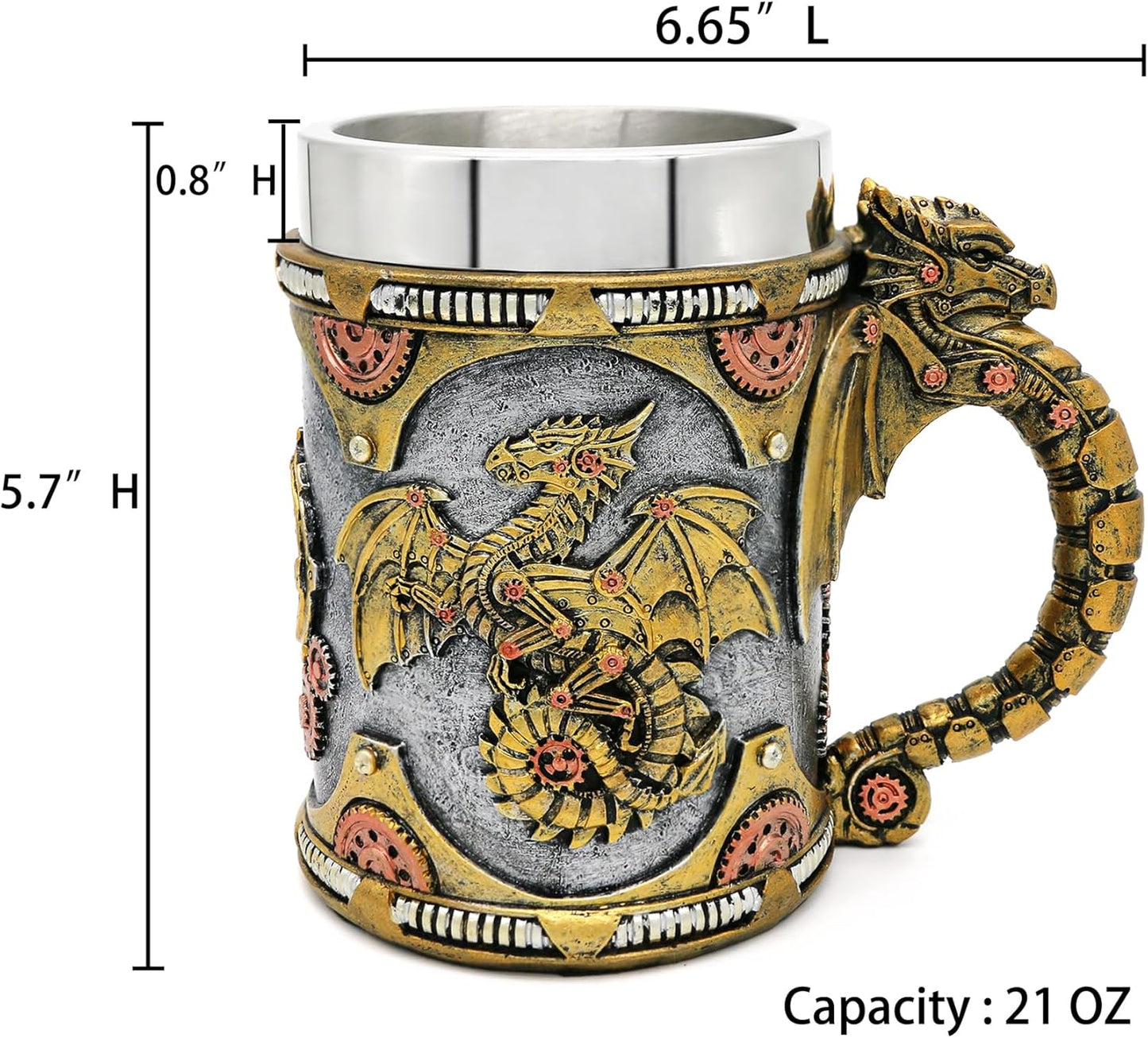 alikiki Medieval Steampunk Dragon Mug - Large Coffee Mug Mechanical Dragon D&D Gift for Men Father's Day Gifts - 21OZ Stainless Steel Party Gaming Mugs Beer Tankard