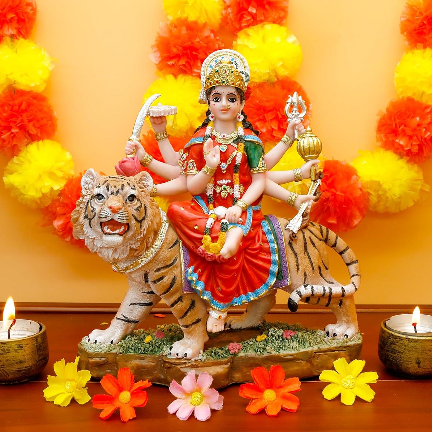 alikiki Indian God Durga Idol – 8.5” Hindu Goddess Durga on Tiger Statue India Murti Home Office Temple Mandir Altar Pooja Item Diwali Gift for Indian People Deepavali Puja Decoration durga statue goddess