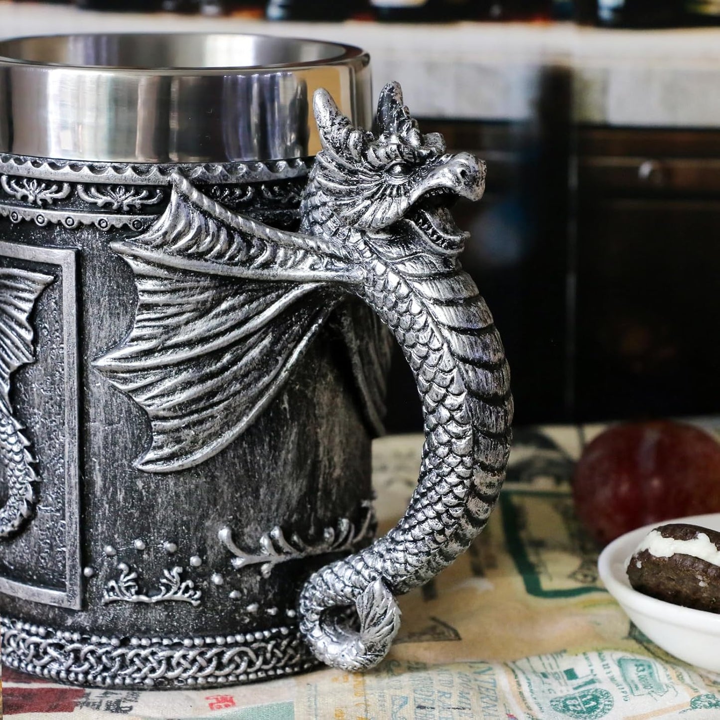 alikiki Medieval Large Dragon Mug - GOT Dragon D&D Gaming Beer Mugs Gifts for Men - 21oz Stainless Steel Drinking Tankard Coffee Cup Dragon Gift for Dragon Lovers Collector Party Decoration