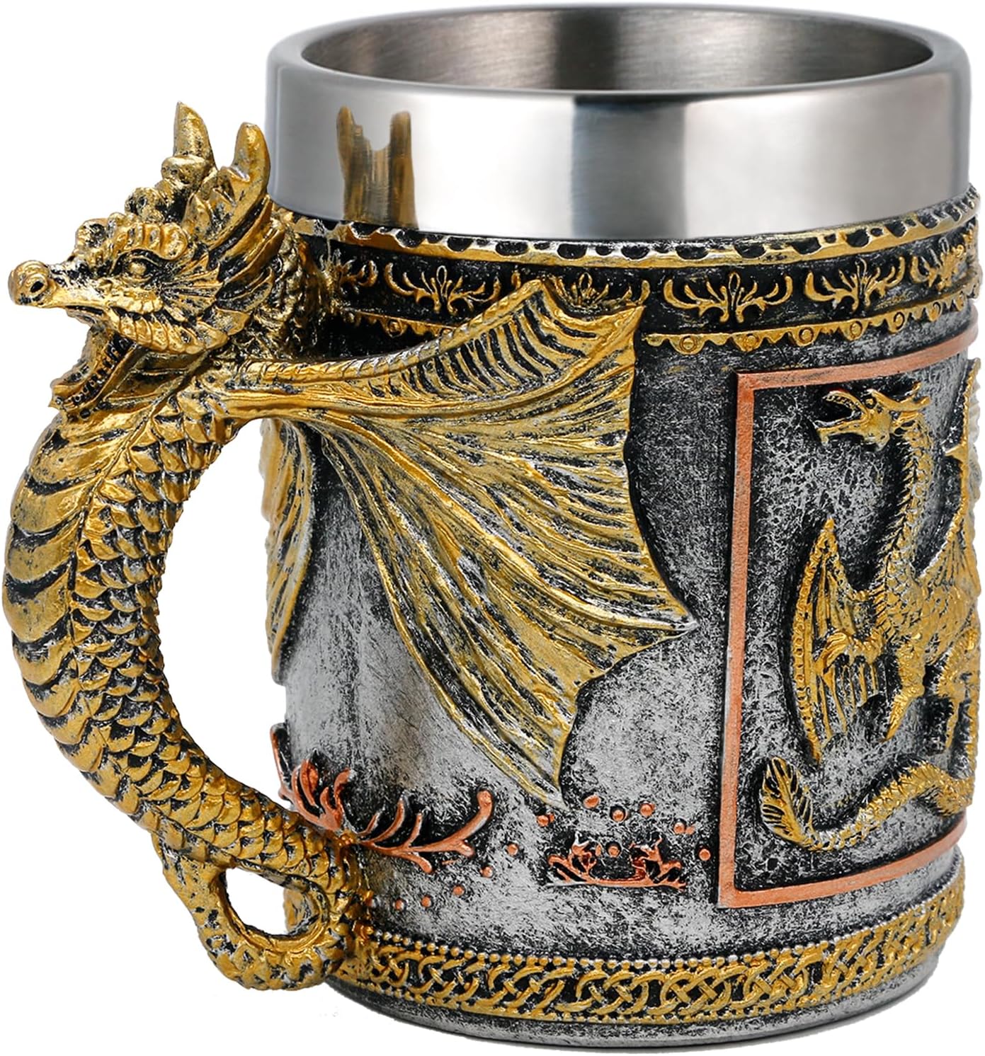 alikiki Medieval Dungeons and Dragons Coffee mug - 15.8oz Stainless Gold Roaring Dragon Beer Drink Mug for GOT Dragon Lovers Collector Ideal Novelty Gothic Father Day Gift Party Decoration