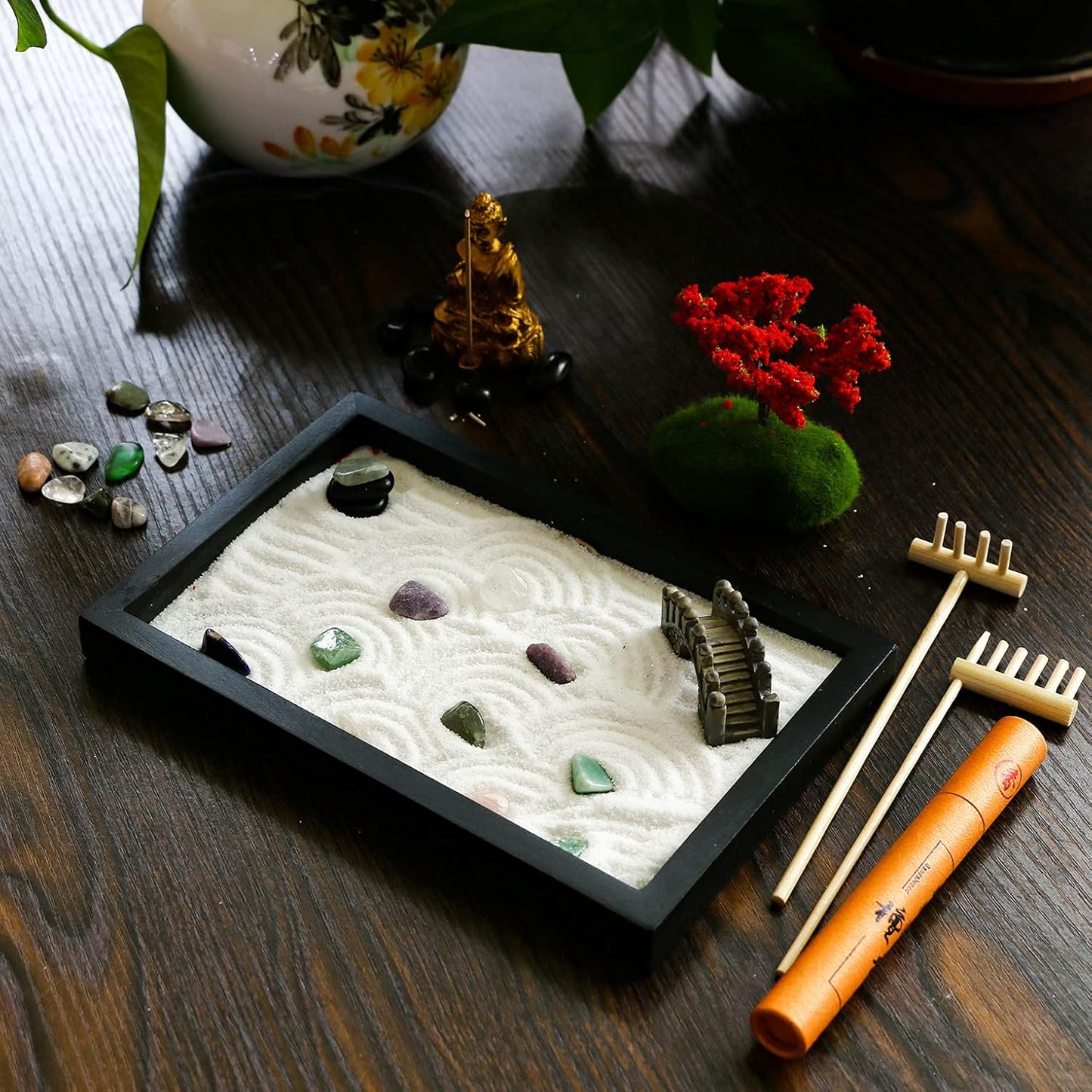 Mini Meditation Zen Garden Kit - Japanese Tabletop Rock Sand Chakra Buddha Zen Garden Home Office Desk Zen Decor Zen Gifts for Father Mother Birthday Gifts Sandbox w/Rake Tool Accessories Bonsai