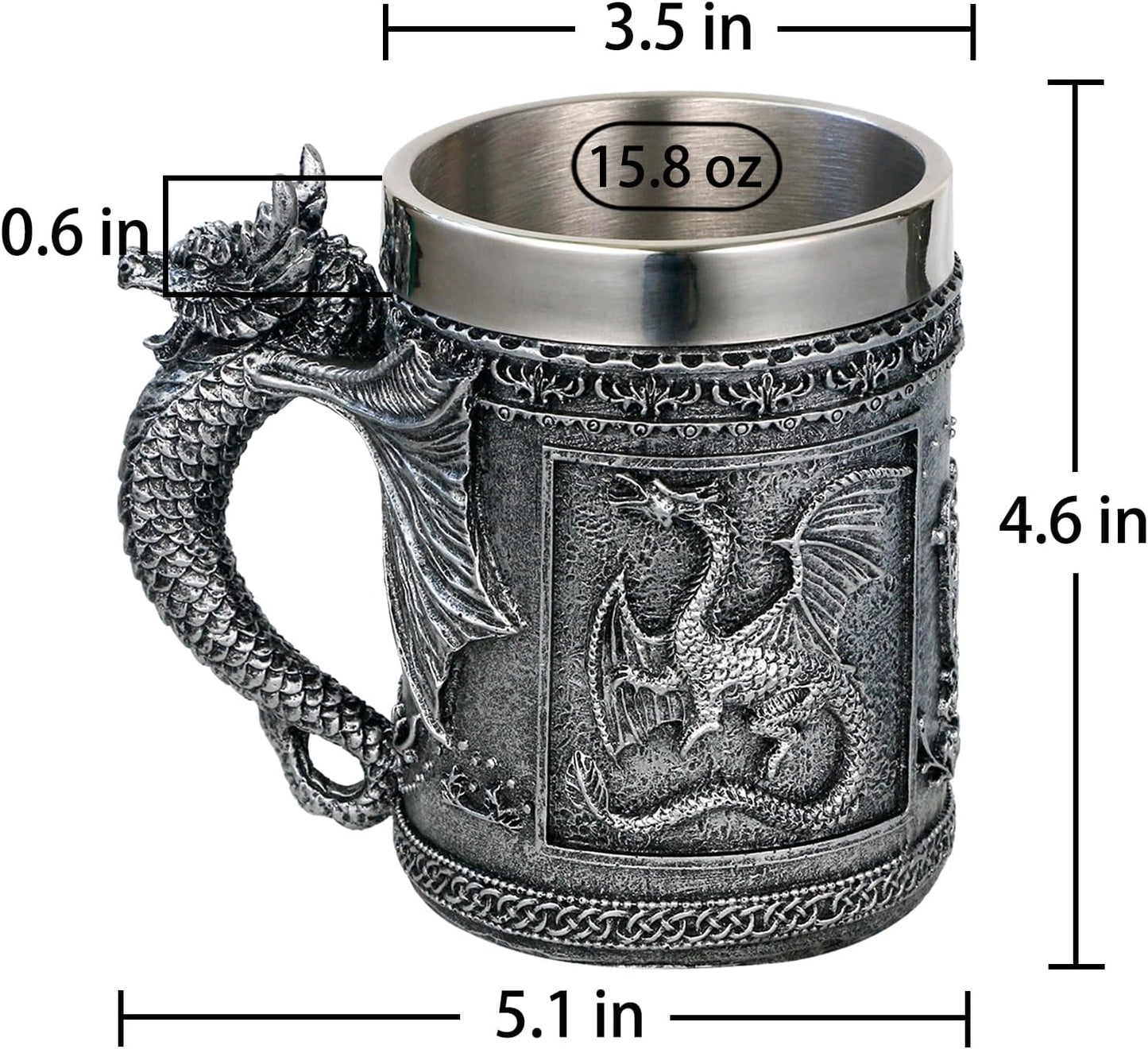 Medieval Roaring Dragon Mug - Dungeons and Dragons Beer Stein Tankard Drink Cup - 15.8oz Stainless Coffee Mug for GOT Dragon Lovers Collector Ideal Novelty Gothic Father Day Gift Party Decoration