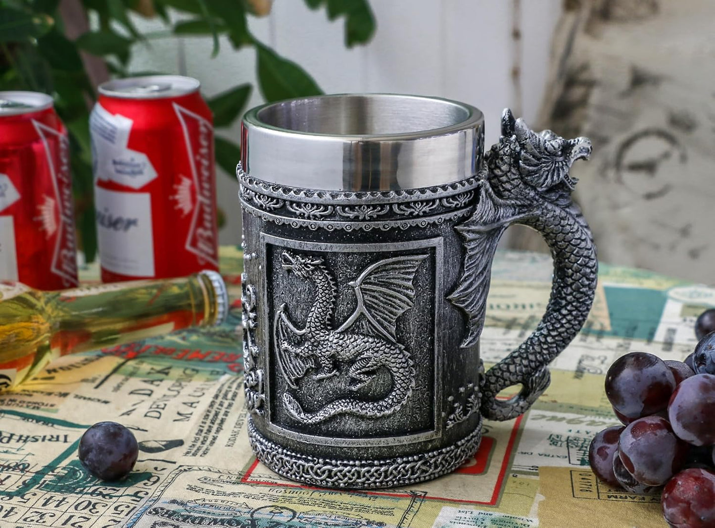 alikiki Medieval Large Dragon Mug - GOT Dragon D&D Gaming Beer Mugs Gifts for Men - 21oz Stainless Steel Drinking Tankard Coffee Cup Dragon Gift for Dragon Lovers Collector Party Decoration