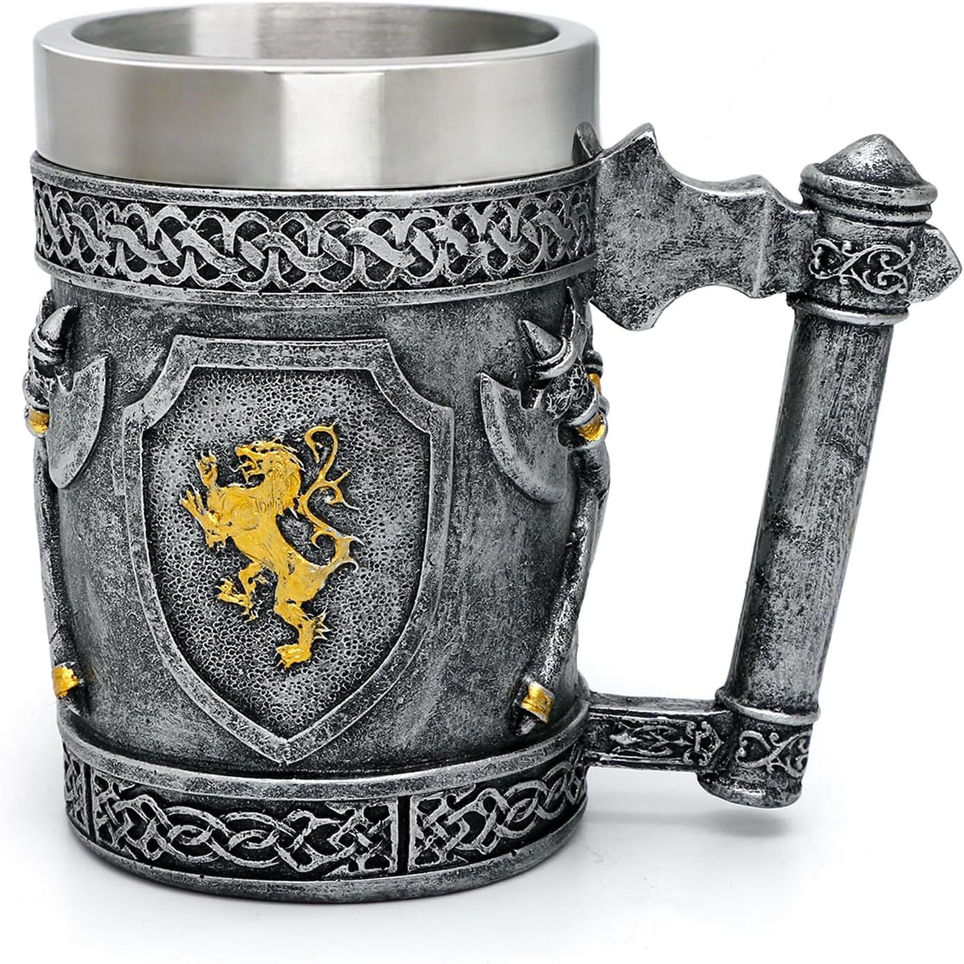 alikiki Large Medieval Axes Tankard Mug 21oz - Kingdom Of England Lion Heart Crest Beer Stein Stainless Coffee Cup Gifts for Men Renaissance Art Norse Decor Home Kitchen Party Decoration