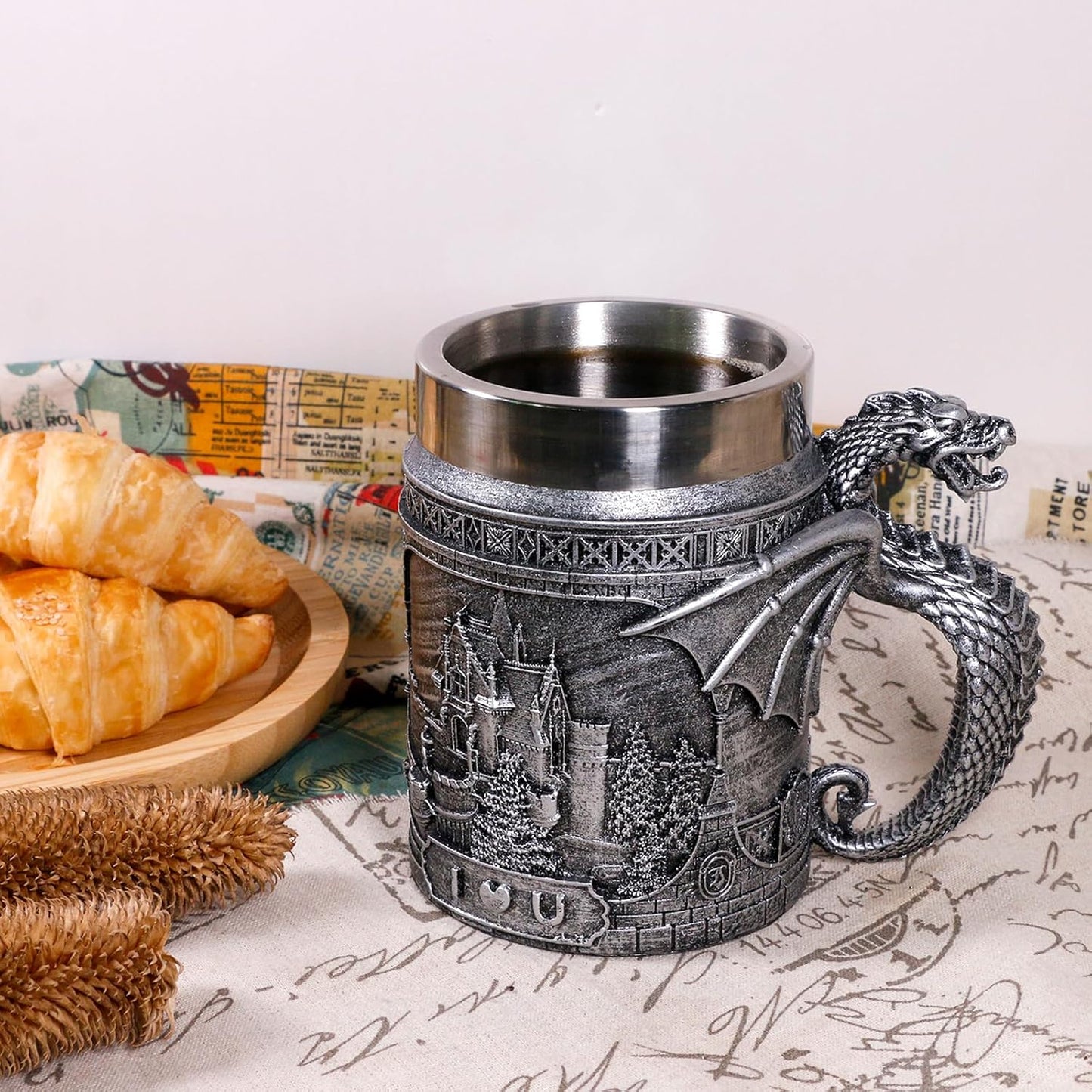 alikiki Medieval Castle Dragon Coffee Mug - Dungeons and Dragons Gifts for Men 21oz Stainless GOT Dragon Game Cup of Thrones Beer Mugs Steins Tankard Dragon Themed Party Decoration