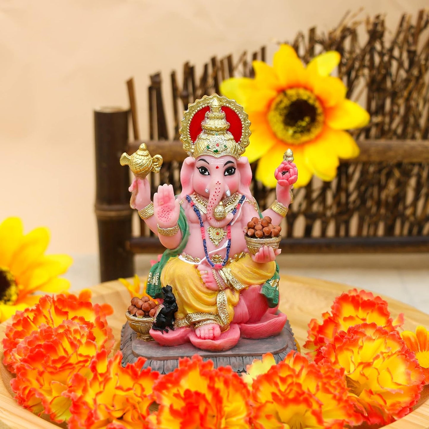 alikiki Indian God Lord Ganesha Statue - 4.1”H Multicolor Hindu idol Ganesh for Car Dashboard Decor India Murit Home Office Mandir Temple Altar Pooja Item Diwali Puja Gifts