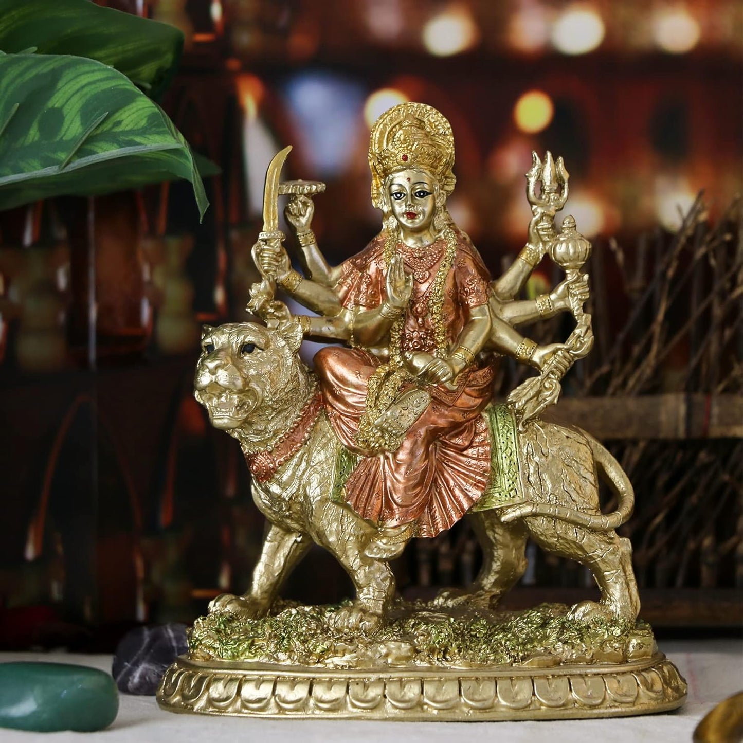 alikiki Hindu Goddess Small Durga Statue - 5.7" H Indian God Durga on Tiger Figurine Hinduism Idol Home Office Temple Puja Sculpture Mandir Murti Diwali Pooja Gifts Meditation Altar Shrine Decor