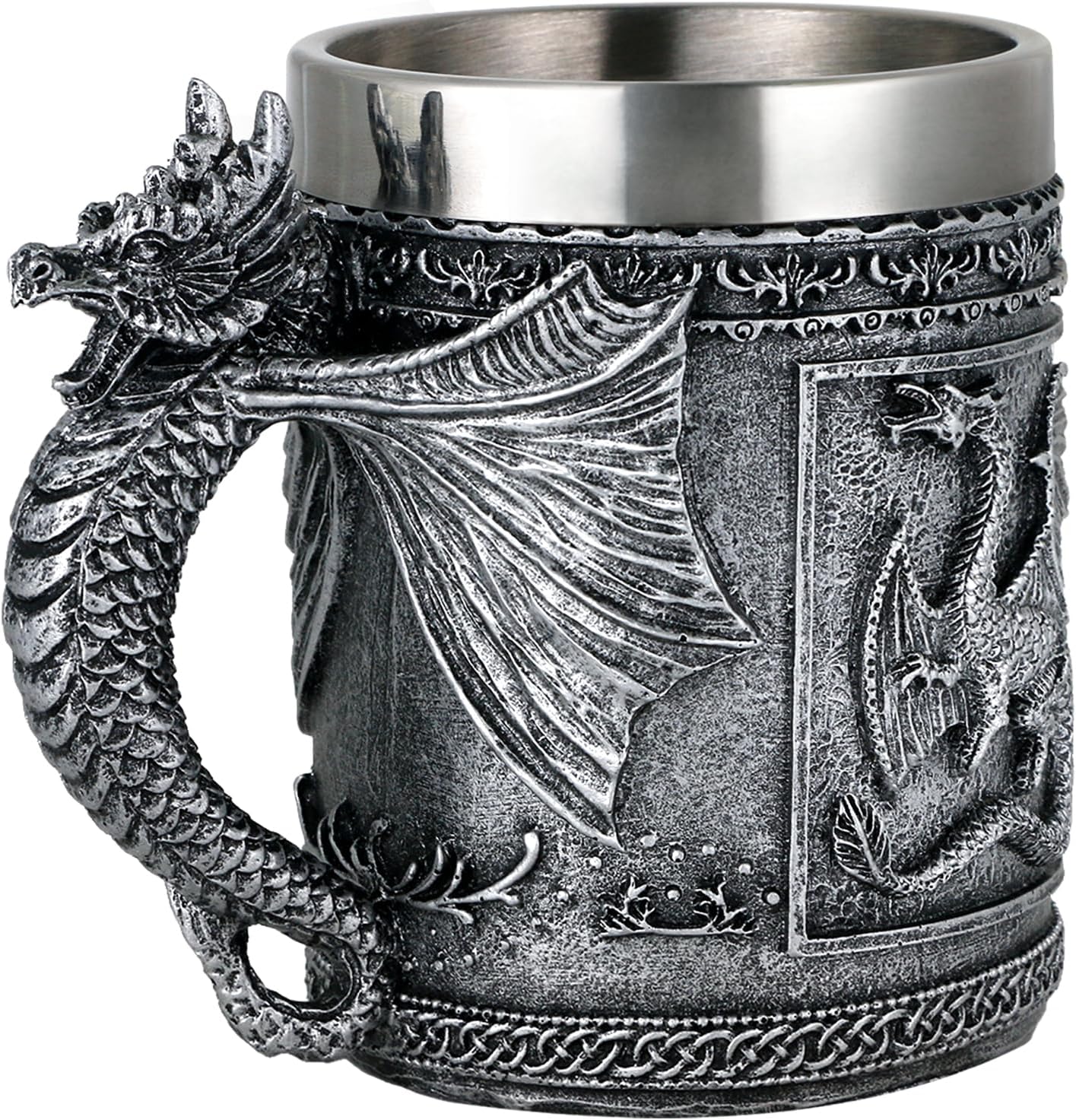 Medieval Roaring Dragon Mug - Dungeons and Dragons Beer Stein Tankard Drink Cup - 15.8oz Stainless Coffee Mug for GOT Dragon Lovers Collector Ideal Novelty Gothic Father Day Gift Party Decoration