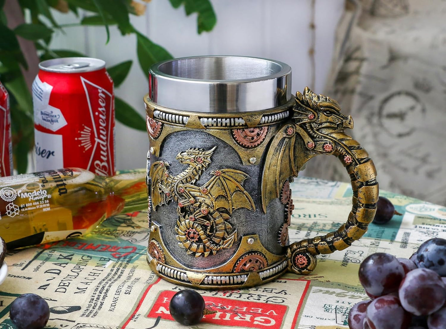 alikiki Medieval Steampunk Dragon Mug - Large Coffee Mug Mechanical Dragon D&D Gift for Men Father's Day Gifts - 21OZ Stainless Steel Party Gaming Mugs Beer Tankard