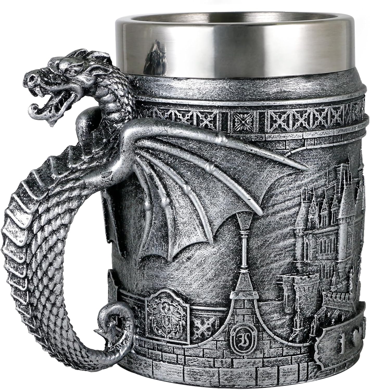 alikiki Medieval Castle Dragon Coffee Mug - Dungeons and Dragons Gifts for Men 21oz Stainless GOT Dragon Game Cup of Thrones Beer Mugs Steins Tankard Dragon Themed Party Decoration