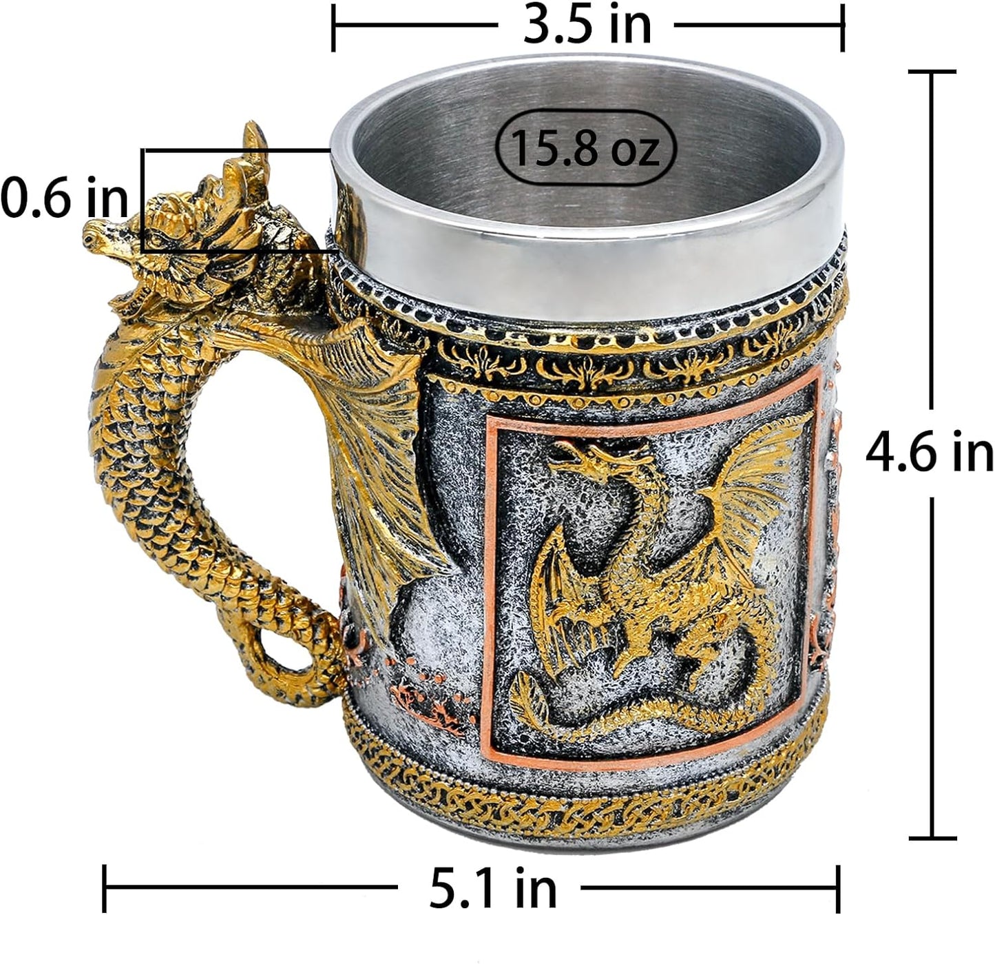 alikiki Medieval Dungeons and Dragons Coffee mug - 15.8oz Stainless Gold Roaring Dragon Beer Drink Mug for GOT Dragon Lovers Collector Ideal Novelty Gothic Father Day Gift Party Decoration