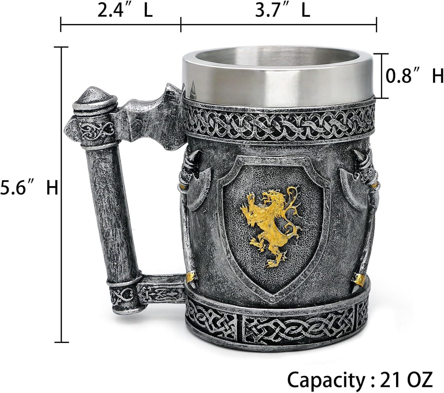 alikiki Large Medieval Axes Tankard Mug 21oz - Kingdom Of England Lion Heart Crest Beer Stein Stainless Coffee Cup Gifts for Men Renaissance Art Norse Decor Home Kitchen Party Decoration