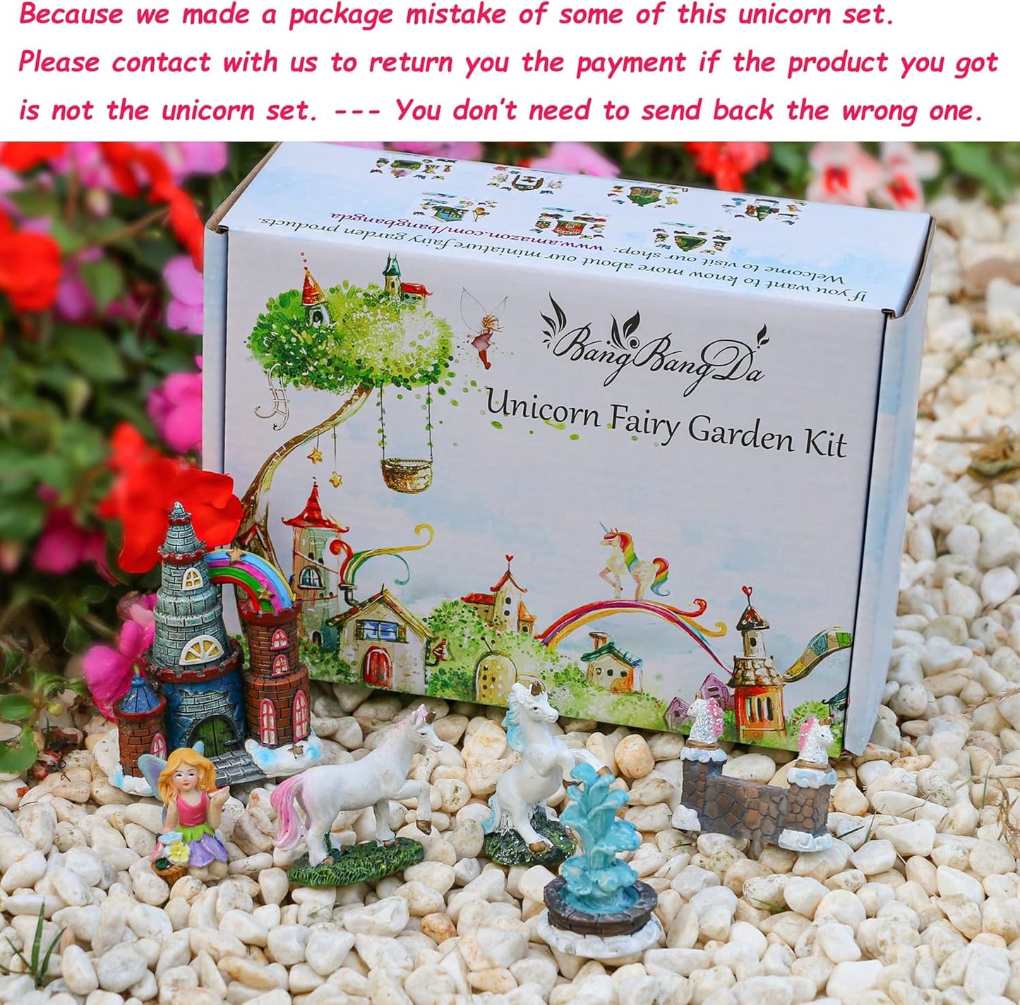 BangBangDa Unicorn Figurines Fairy Garden Accessories - Miniature Unicorn Gift Set Outdoor Garden Decoration – Fairy Figurines Castle Fountain Girl Birthday Gifts (Set of 23)