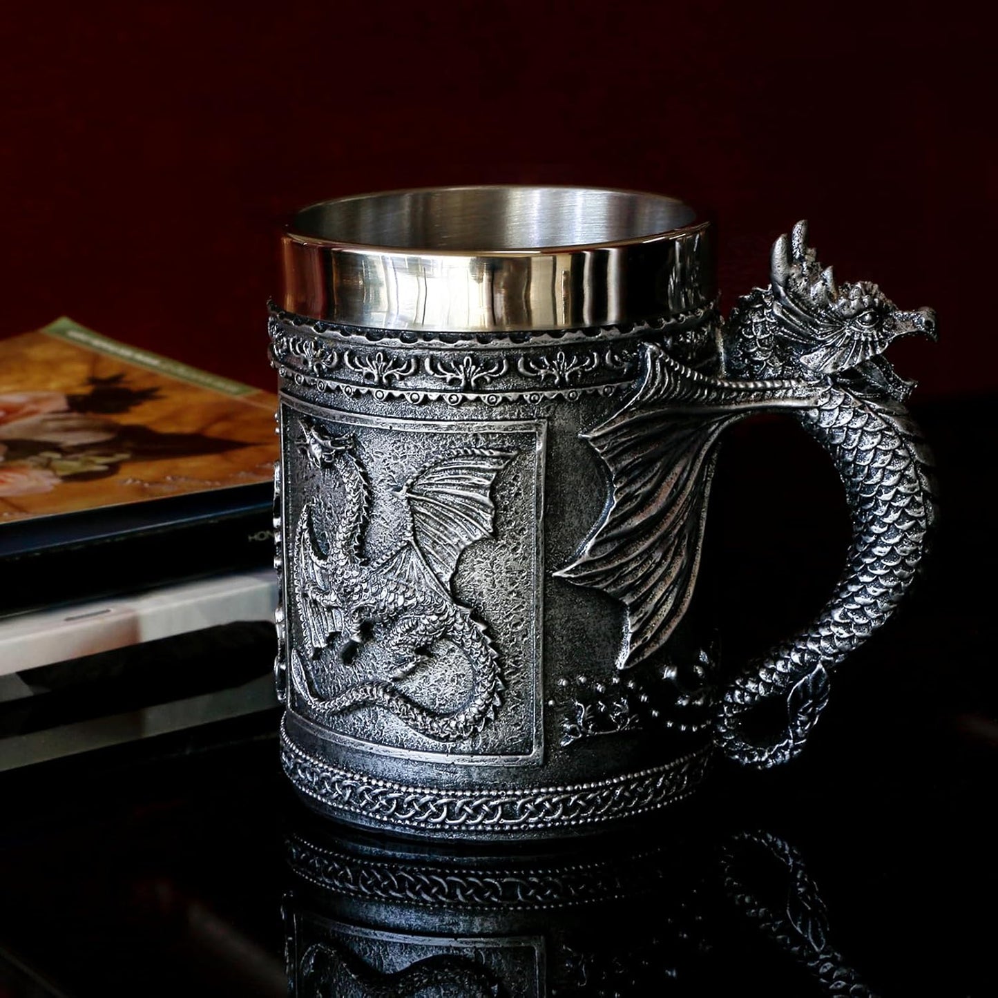 Medieval Roaring Dragon Mug - Dungeons and Dragons Beer Stein Tankard Drink Cup - 15.8oz Stainless Coffee Mug for GOT Dragon Lovers Collector Ideal Novelty Gothic Father Day Gift Party Decoration