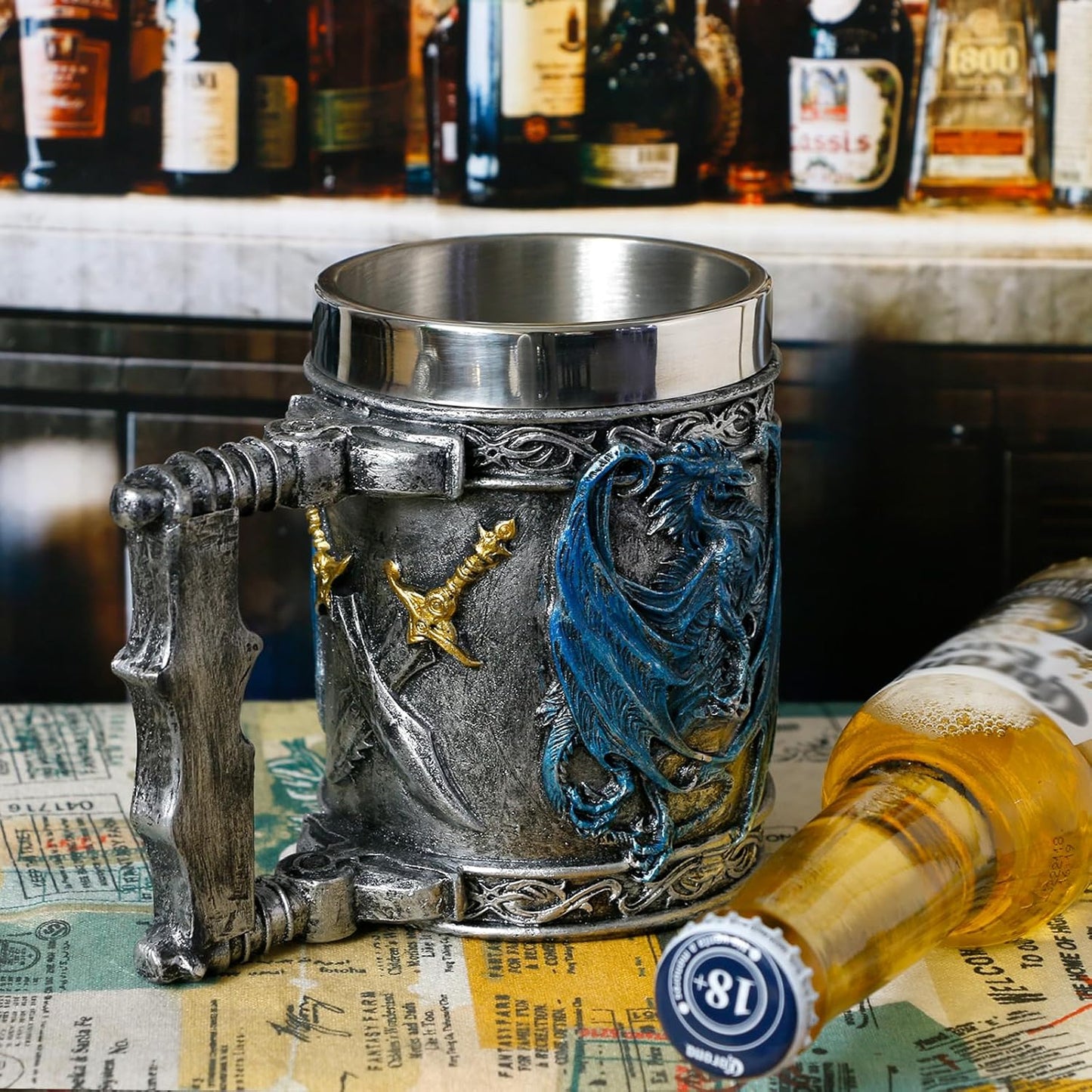 Medieval Blue Dragon D&D Game Mug of Throne Merchandise Beer Steins Viking Tankard Mug Stainless Coffee Cup Gift Mugs for Men Dragon Collector Themed Party Decoration