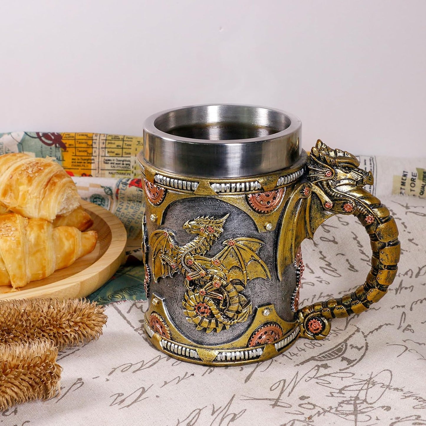 alikiki Medieval Steampunk Dragon Mug - 15.8oz Renaissance Mechanical Dragons Beer Stein Tankard Stainless Coffee Cup Father Day Gift Mug for Dragon Collector Lovers Themed Party Decoration