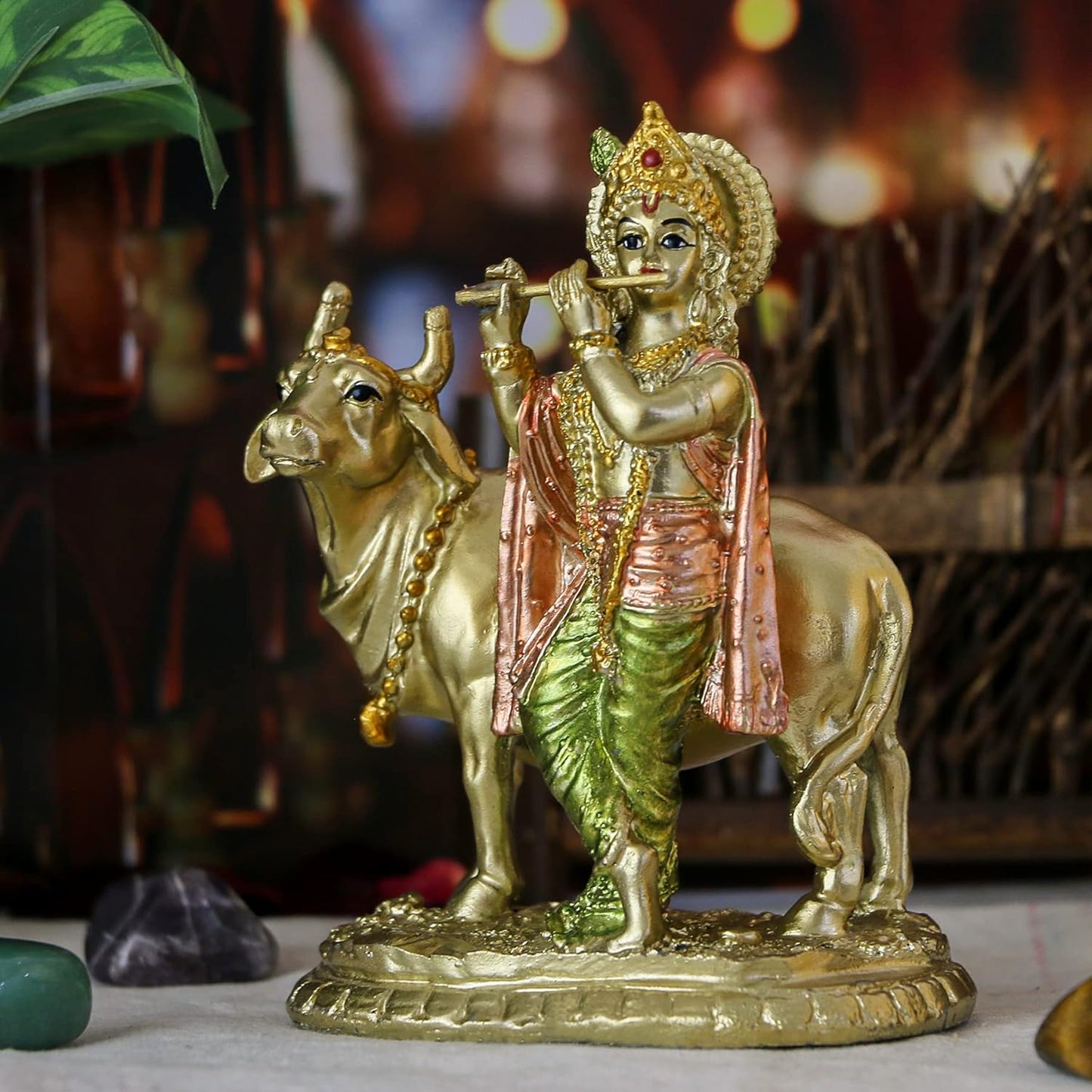 alikiki Hindu God Lord Krishna Statue - 5.3“H Baby Krishna Idol w/Cow Nandi Statue Indian Diwali Mandir Murti Pooja Item Home Office Altar Shrine Puja Decor