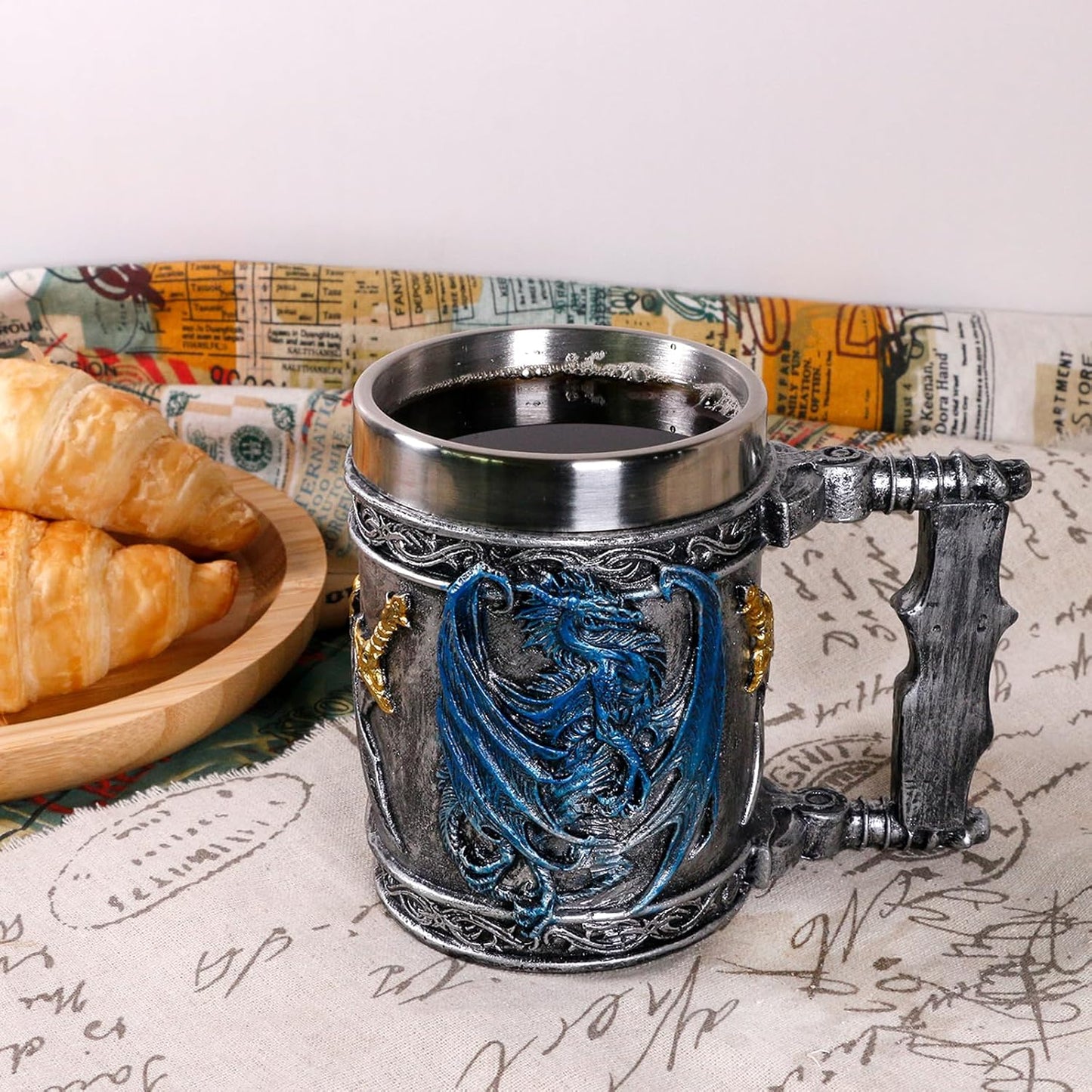 Medieval Blue Dragon D&D Game Mug of Throne Merchandise Beer Steins Viking Tankard Mug Stainless Coffee Cup Gift Mugs for Men Dragon Collector Themed Party Decoration