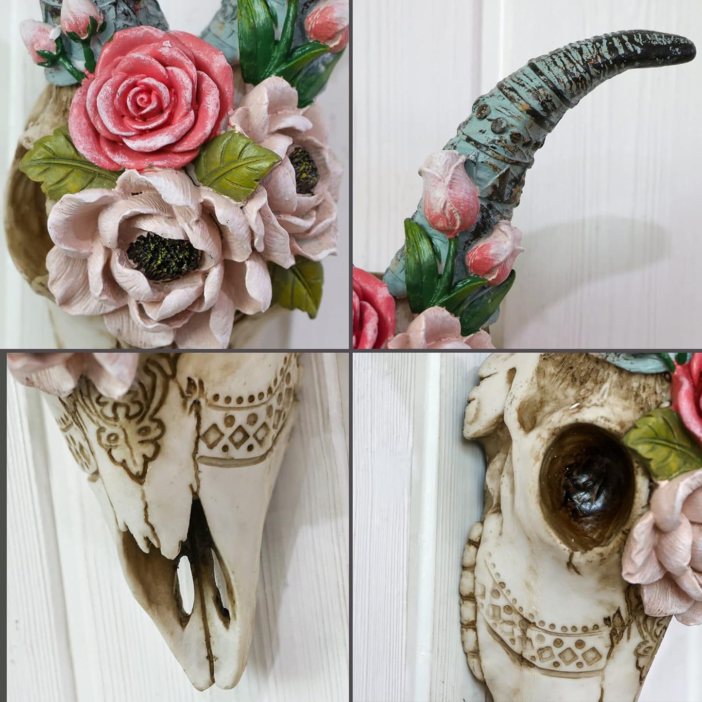 alikiki Animal Ram Skull Wall Decor - Floral Sheep Horned Head Skull Wall Hanging Resin Goat Wall Sculptures Taxidermy for Home Office Hotel Wall Art Ornament Living Room Boho Decorations