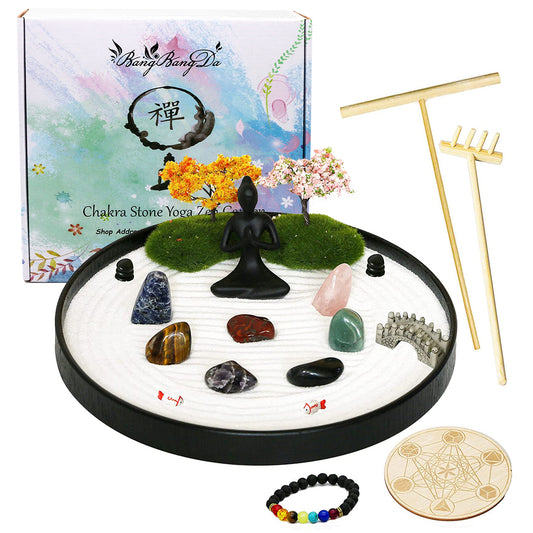 BangBangDa Tabletop Chakra Yoga Zen Garden - Meditation Altar Zen Kit Set Japanese Crystal Quartz Rock Sand Zen Garden Home Office Spiritual Zen Gifts for Friends Adults Women