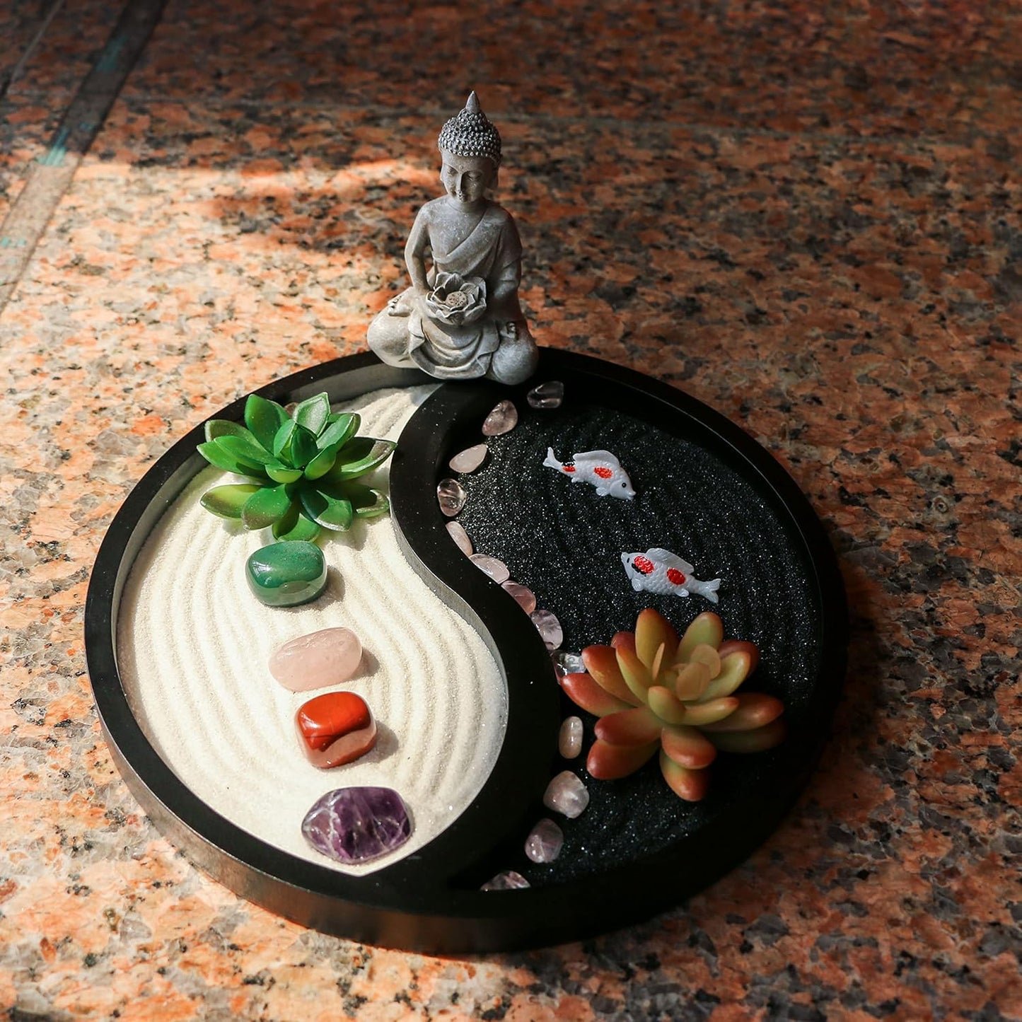 Buddha Meditation Zen Garden Kit - Home Office Tabletop Taiji Yin Yang Sand Garden Altar Zen Decor Zen Gifts DIY Mini Chakra Crystal Quartz Rock Garden w/Nature Healing Stone Rake Tool