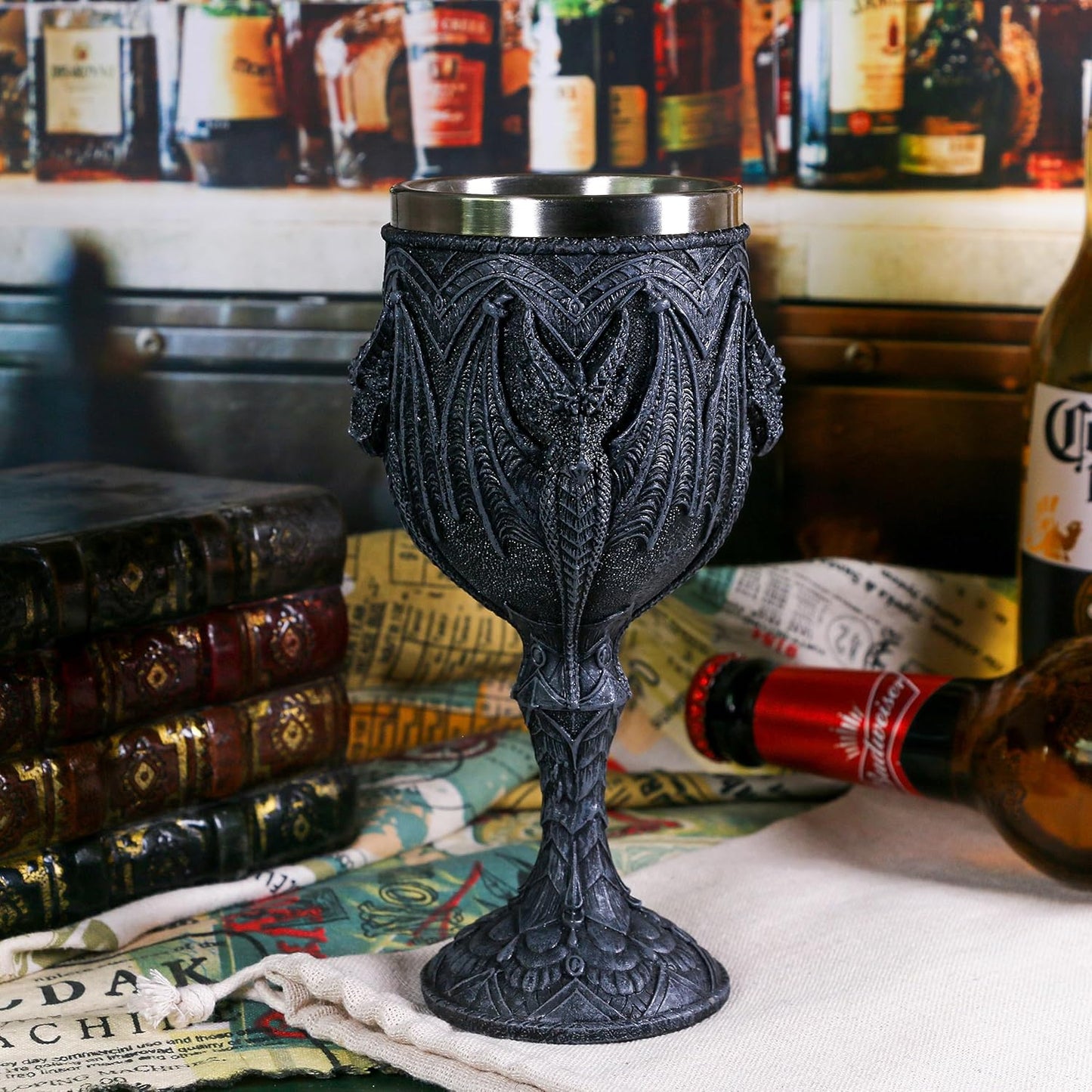 alikiki Medieval Gothic Dragon Wine Goblet - Dungeons And Dragons Chalice Cup - 7oz Stainless Steel Cup Drinking Vessel Ideal Novelty Celtic Gift For Dragon Collector Themed Party Decoration