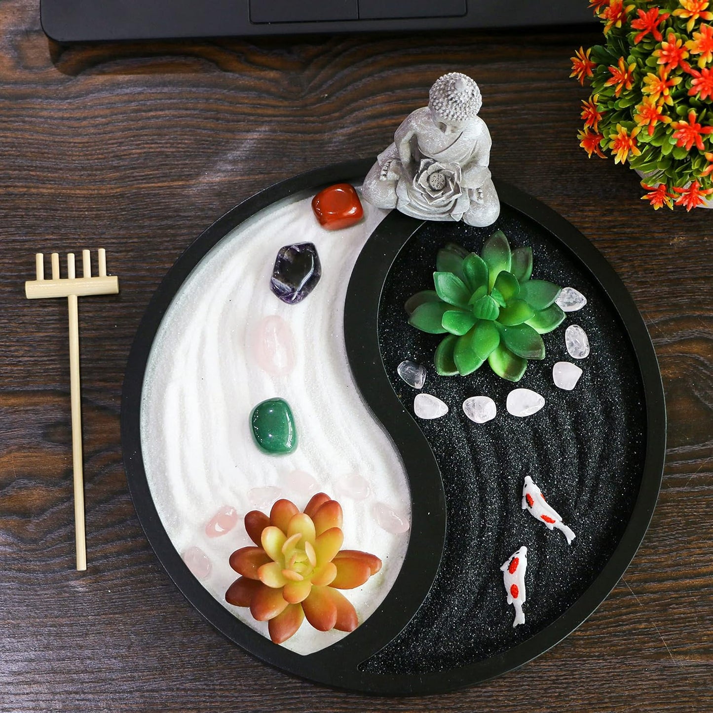 Buddha Meditation Zen Garden Kit - Home Office Tabletop Taiji Yin Yang Sand Garden Altar Zen Decor Zen Gifts DIY Mini Chakra Crystal Quartz Rock Garden w/Nature Healing Stone Rake Tool