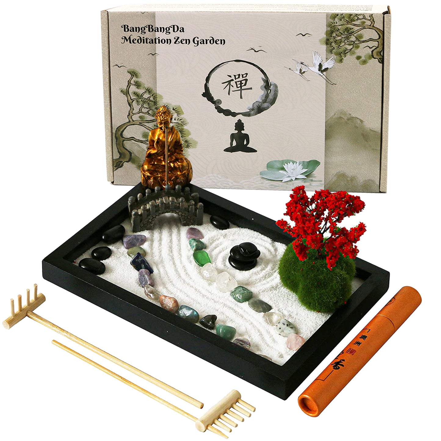 Mini Meditation Zen Garden Kit - Japanese Tabletop Rock Sand Chakra Buddha Zen Garden Home Office Desk Zen Decor Zen Gifts for Father Mother Birthday Gifts Sandbox w/Rake Tool Accessories Bonsai