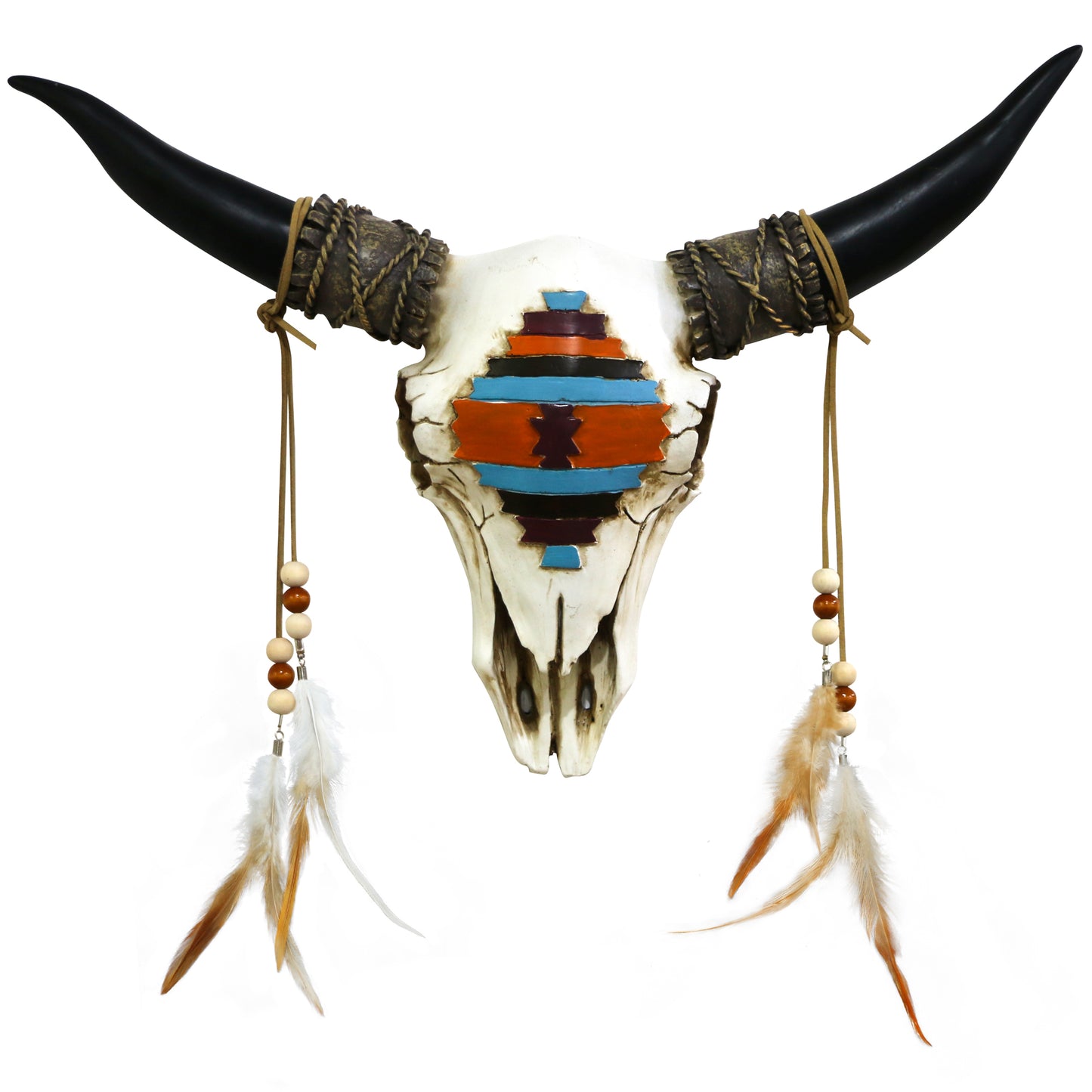 alikiki Southwestern Bull Skull Wall Decor - Faux Longhorn Head Wall Hanging - 17.7 Inch Long Bison Animal Wall Sculpture For Bedroom Living Room With Brown Feather Boho Decor