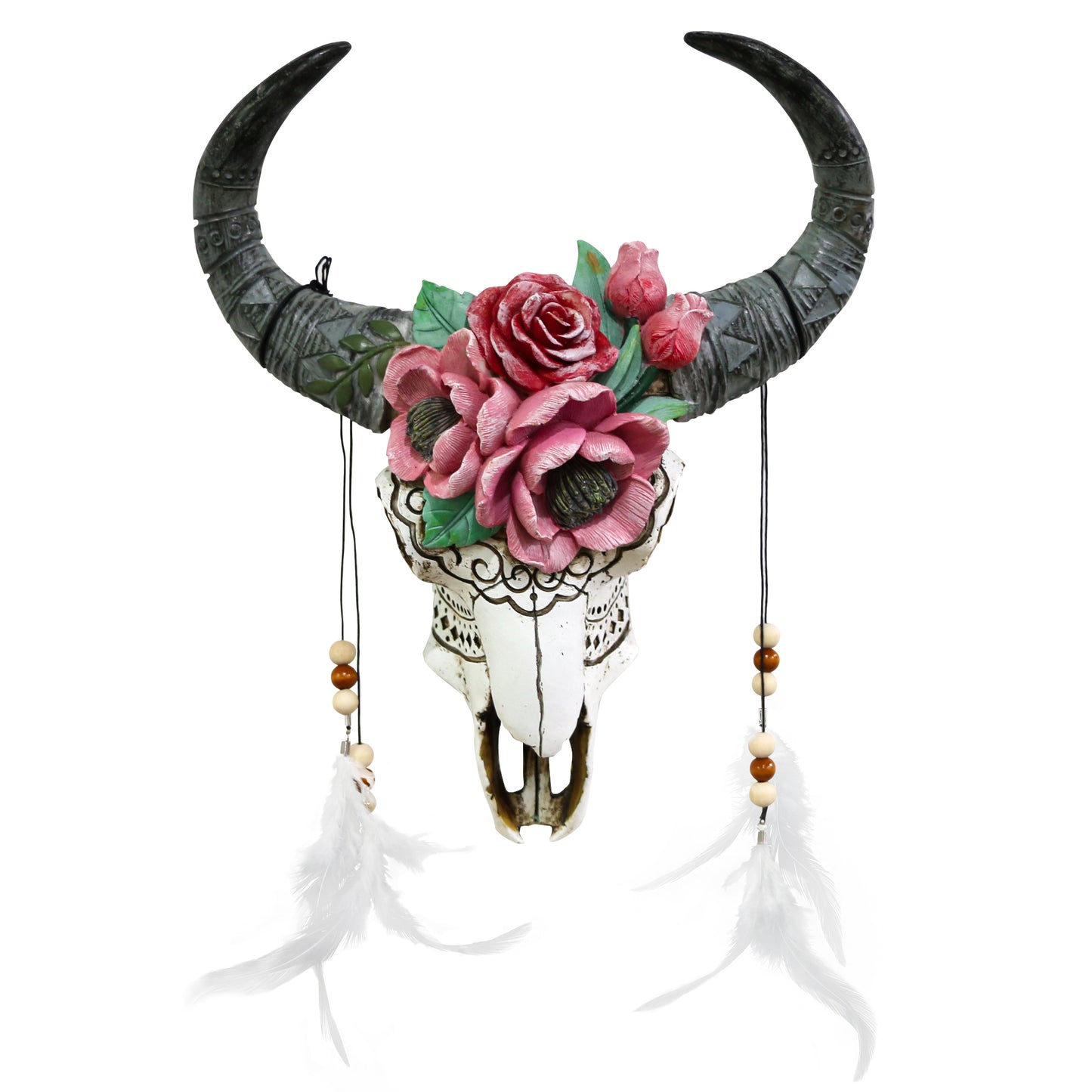 Western Bull Skull Wall Decor - 13.6" Tall Floral Buffalo Skull Wall Southwestern Decor Resin Faux Flower Cow Horned Skull Head Decor Boho Decor Bison Animal Wall Sculpture for Bedroom Living Room