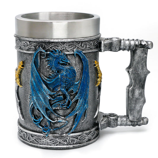 alikiki Medieval Large Beer Tankard Blue Dragon DnD Game Mug of Throne Stainless Coffee Cup Dungeons and Dragons Gifts for Men Women Dragon Collector Themed Party Decorations 21oz