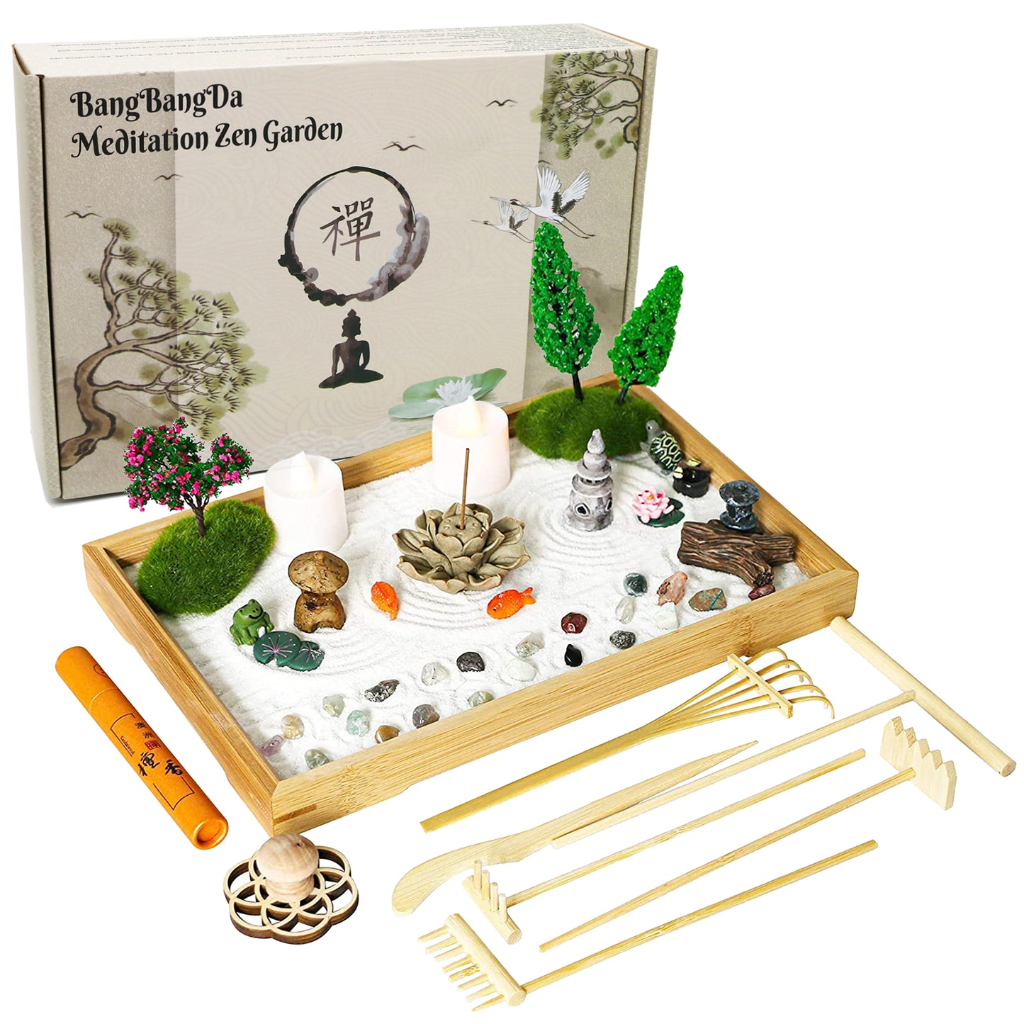 Miniature Japanese Zen Garden Kit - Mini Chakra Crystal Quartz Rock Sand Garden Sandbox Desktop Meditation Altar Zen Decor Zen Gift Set Home Office Desktop Rake Tools Bonsai Spiritual Items