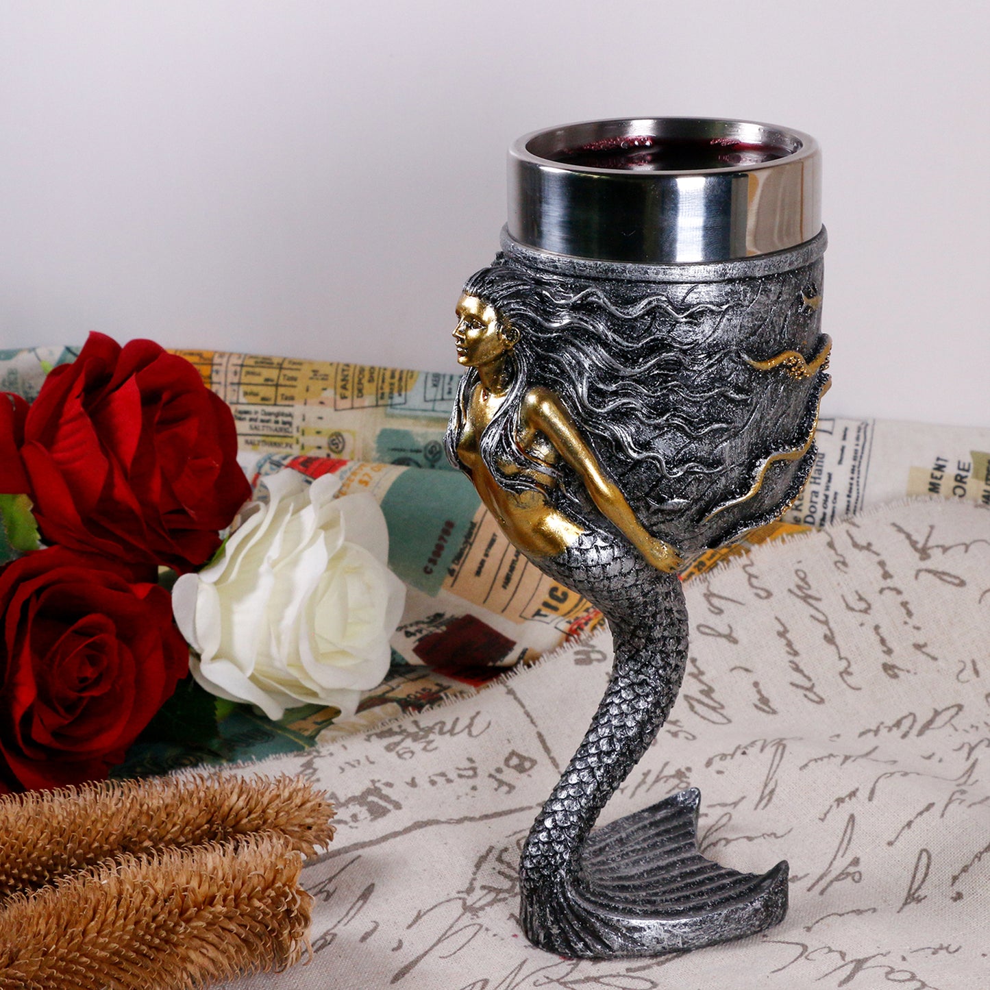 alikiki Fantasy Mermaid Octopus Wine Goblet - Sparkling Silver Tail Chalice Cup - 7oz Stainless Steel Drinking Vessel - Novelty Gothic Gifts for Birthday Men Women Bar Party Drinkware Decorations