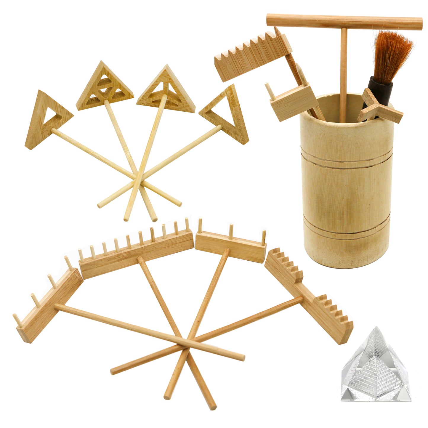 Zen Garden Rake Tool Kit - Miniature Tabletop Japanese Rock Sand Zen Garden Accessories Mini Bamboo Sand Stamp Rakes for Zen Pattern with Holder Crystal Pyramid Meditation Stress Relief Zen Gifts