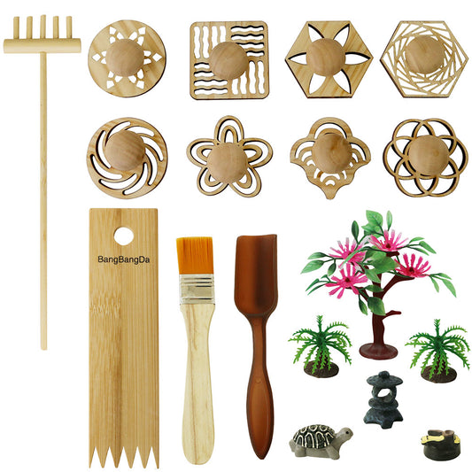 BangBangDa Zen Garden Stamps Rake Gifts - Patterns Sand play Therapy Kit Meditation Tool Accessories Supplier Mini Office Tabletop Miniature Sandbox Father Mother Mon Dad Man Women Zen Gifts