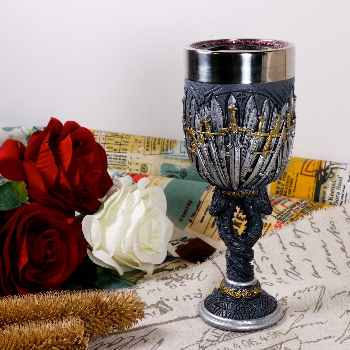 alikiki Medieval Swords Dragon Wine Goblet - GOT D&D Game Chalice of Merchandise - 7oz Stainless Steel Drinking Cup - Fantasy Dungeons and Dragons Party Gifts for Birthday Men Women